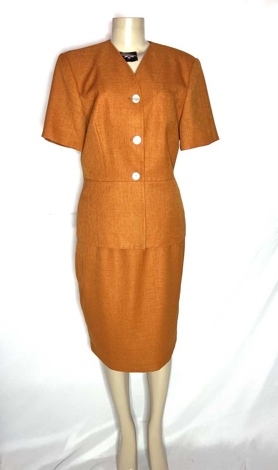 VINTAGE HERMAN GEIST ORANGE SHORT SLEEVE SKIRT SUIT SIZE 10