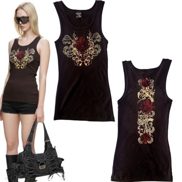 DEADSTOCK Y2K Gothic Rose Rhinestone Tank Top – Medium NWOT