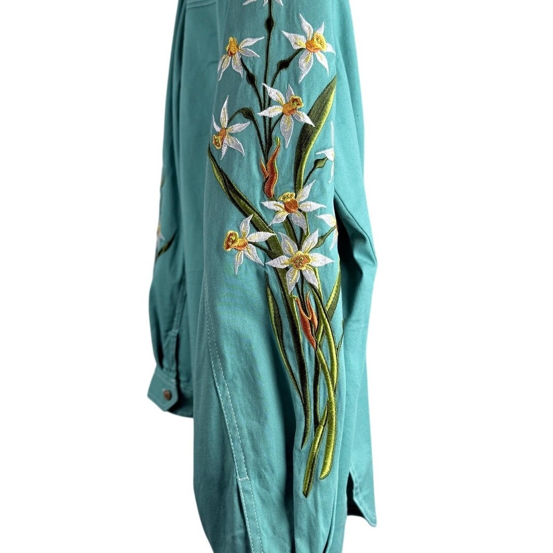 Bob Mackie Wearable Art Mint Green Embroidered Daffodil Denim Jacket Sz L NWOT