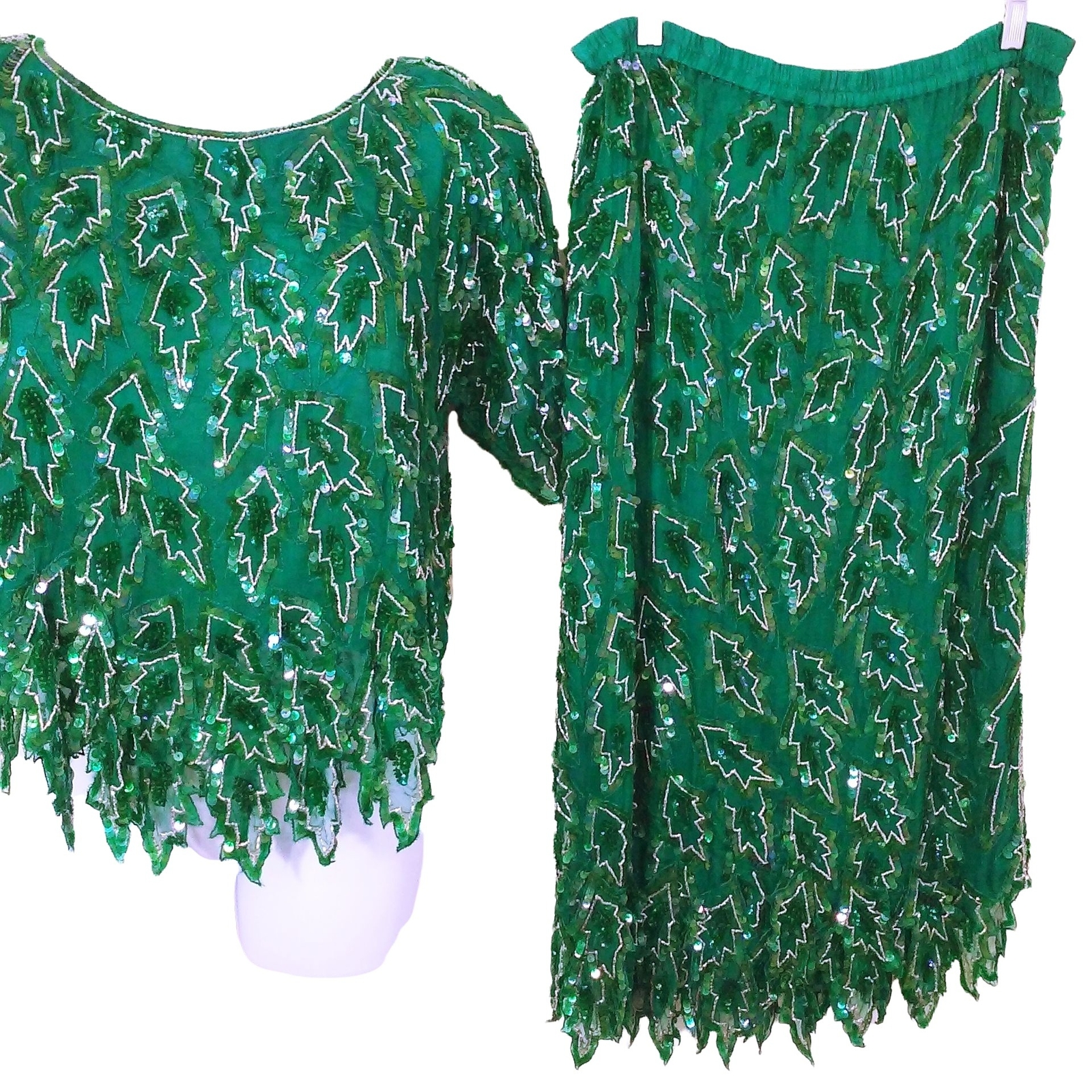 Vintage 80s Scala 2-pc Set Gatsby Silk Sequin Beaded Leafy Blouse Skirt -M Teal