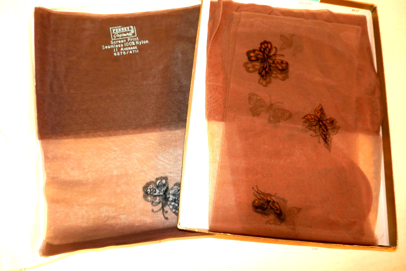 2 Pair Vintage Screen Print Nylon Stockings-Butterfly Print-Penneys Gaymode