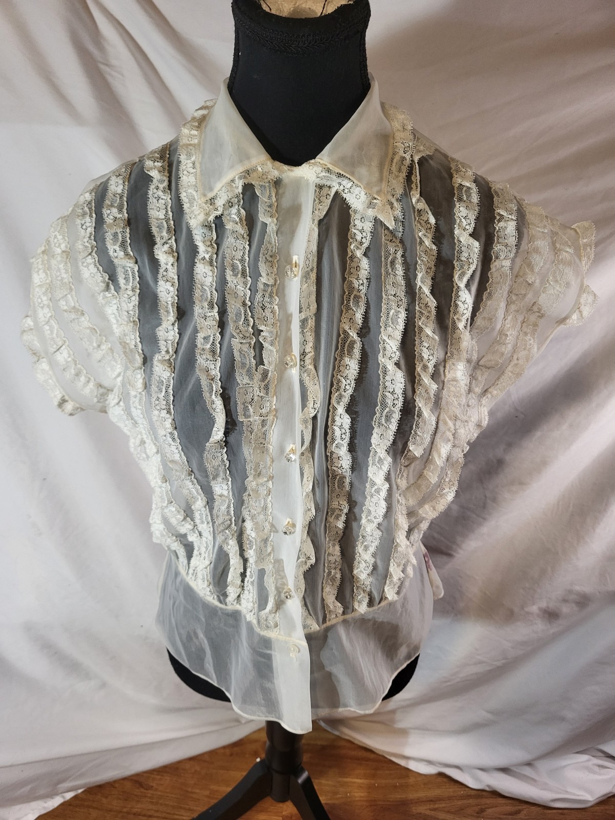 Vintage Victorian-revival sheer nylon blouse Diane Young Small Lace Blouse