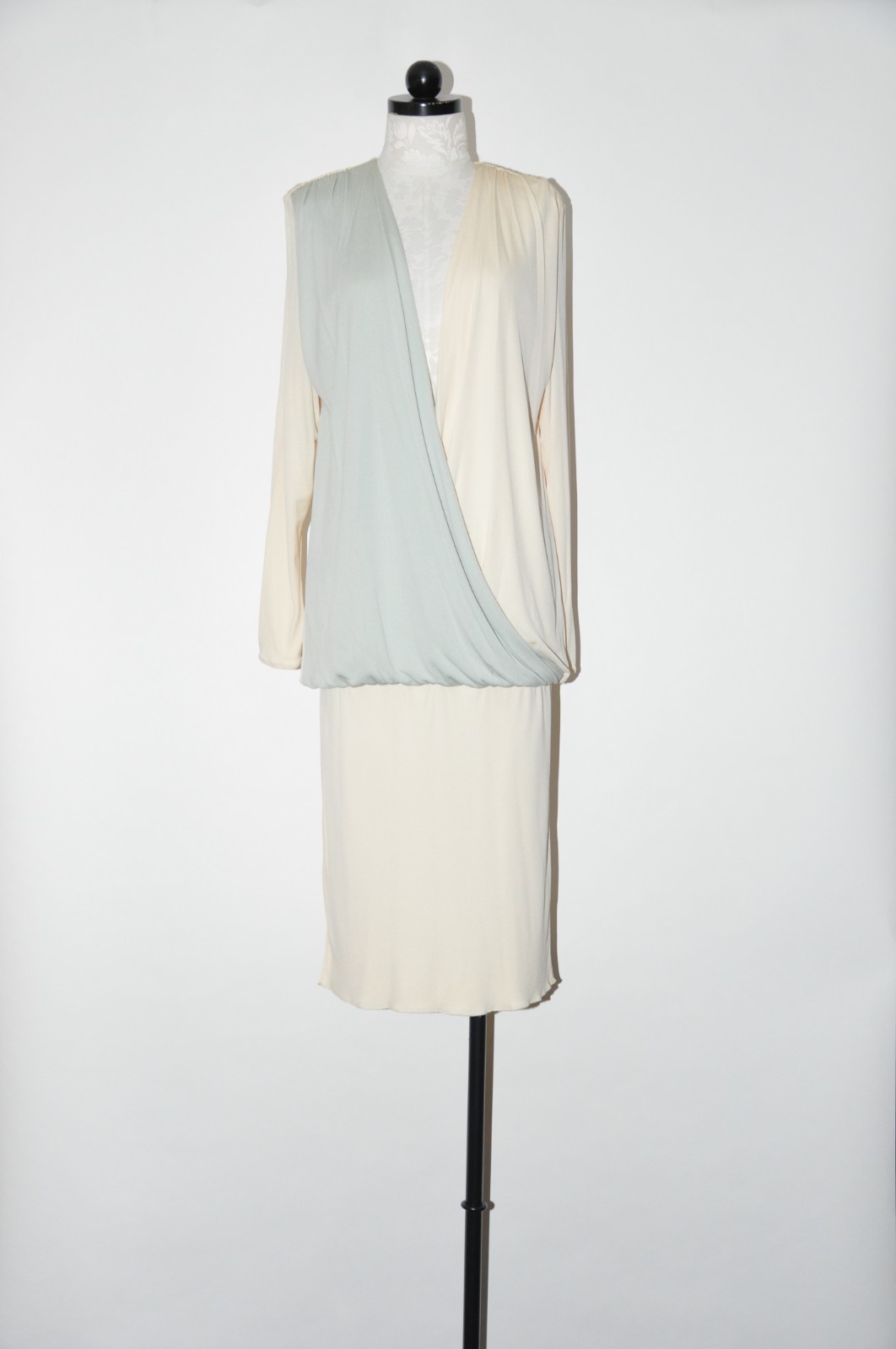 80s Vintage Cream Green Jersey Long Sleeve Deep V Draped Grecian Dress Women M L