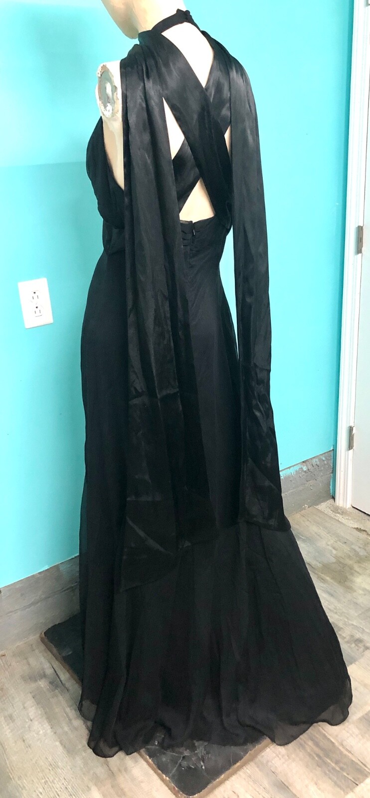 VTG Y2K WATTERS/WATTERS Black Halter Chiffon Satin Mermaid Evening Formal Gown~8