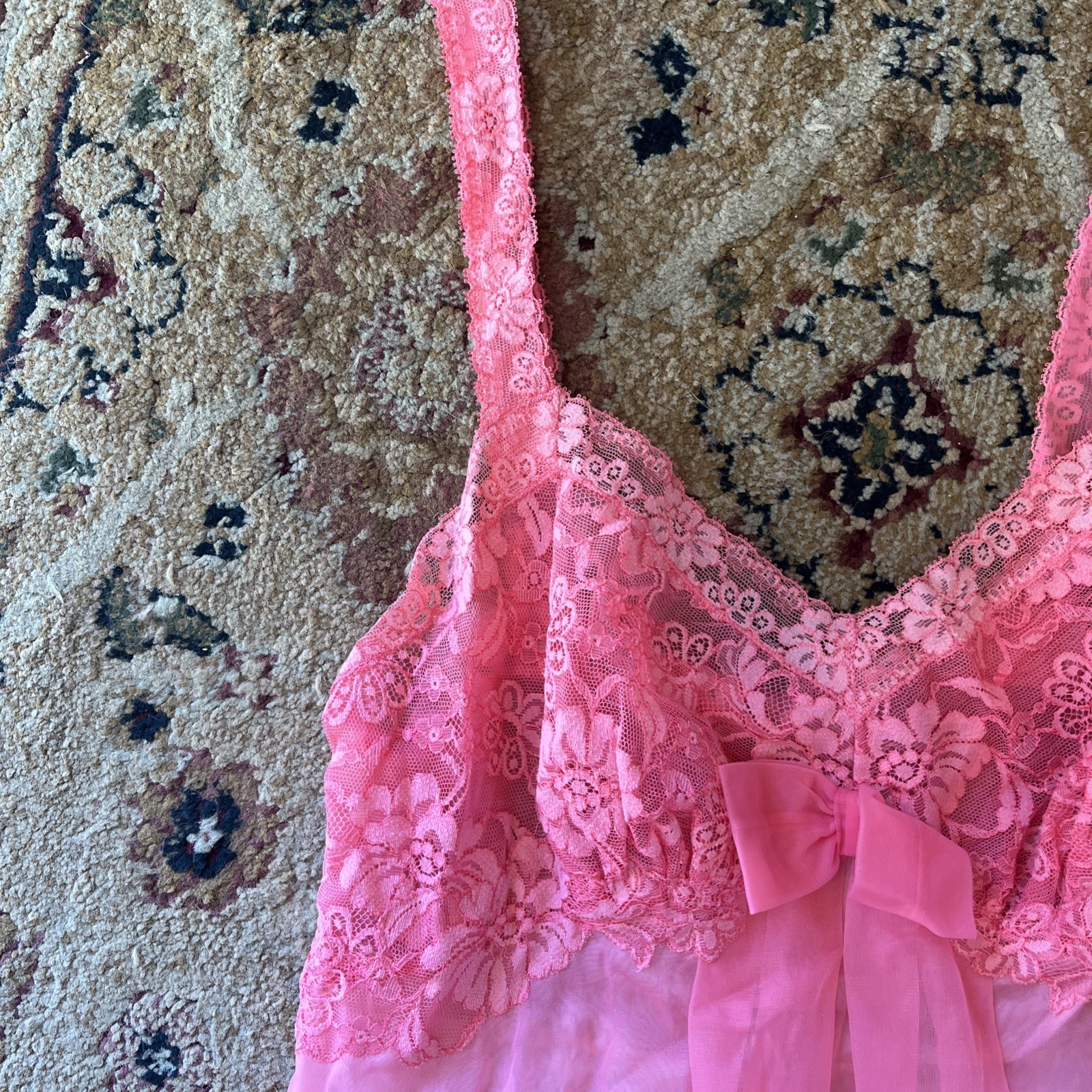 VTG 50’s VANITY FAIR SIZE M 32 NIGHTIE NIGHTGOWN PINK TRICOT NYLON CHIFFON LACE