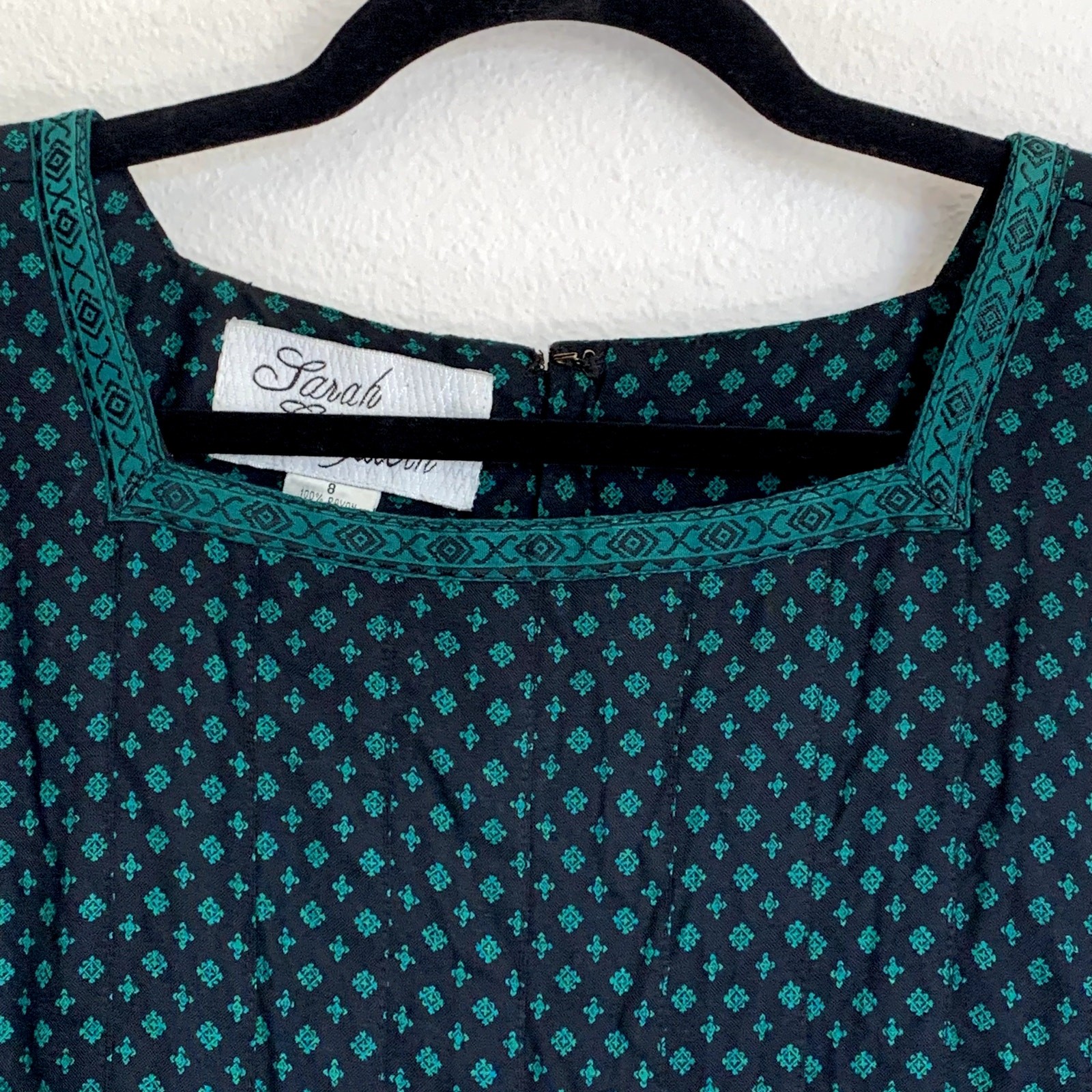 Sarah Elizabeth Vintage Green Black Diamond Print Rayon Cottagecore Dress Size 8