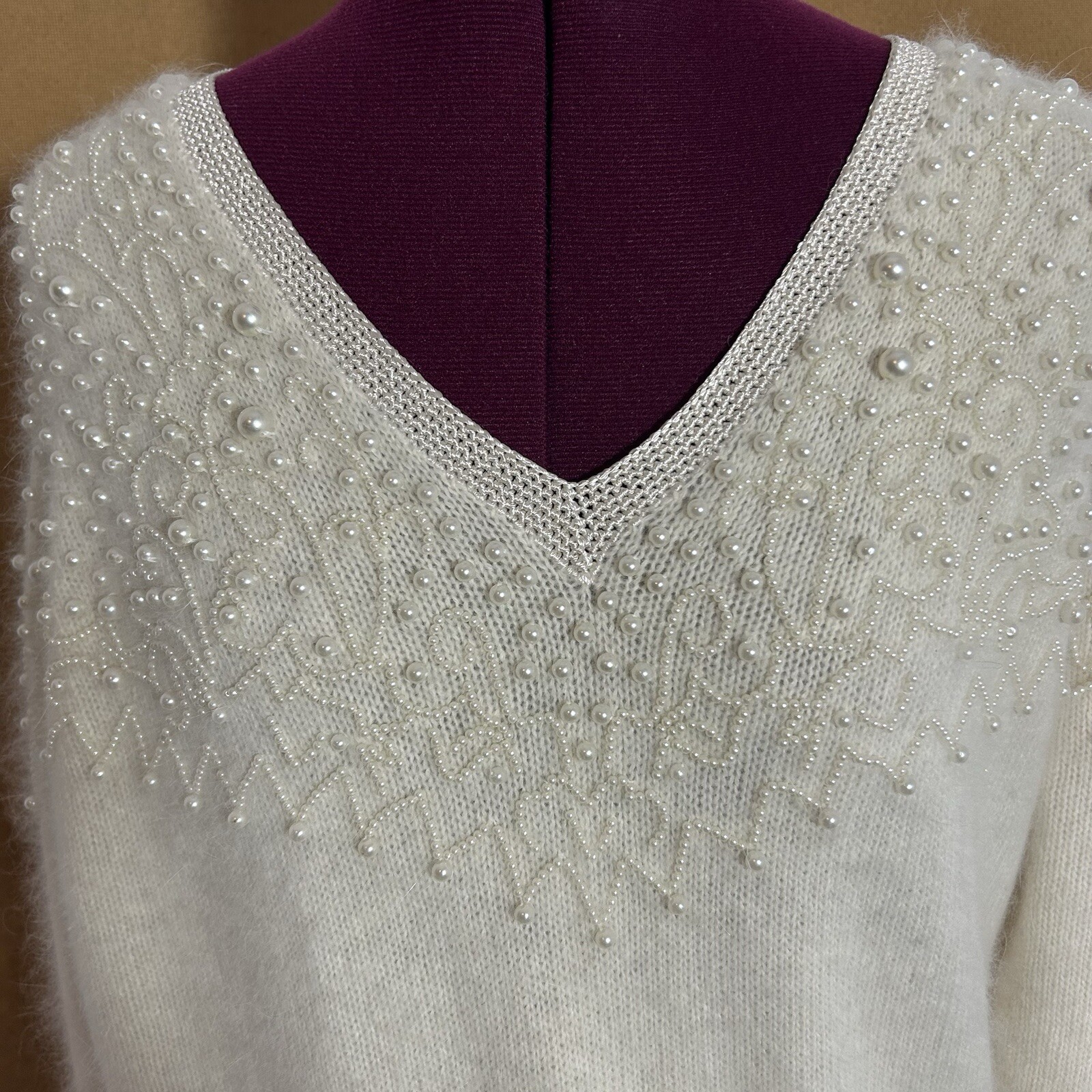 Vintage 80s Side Effects Beaded Ivory Wool Angora Rabbit Hair Sweater Sz M