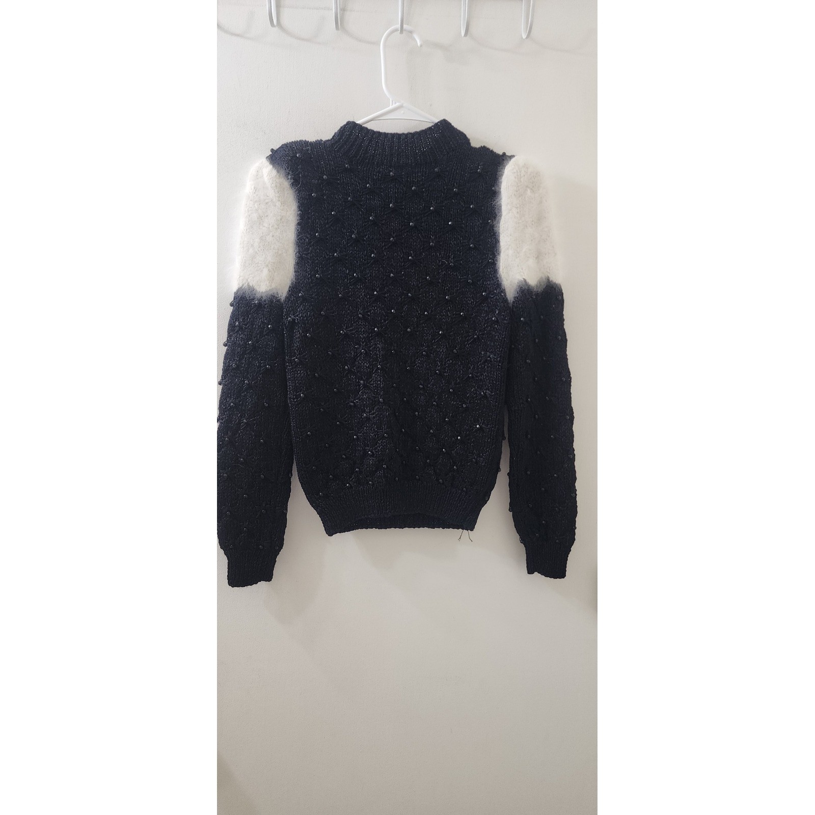 Lillie Rubin Vintage Hand Knit Beaded Angora Wool Sweater Black White Small