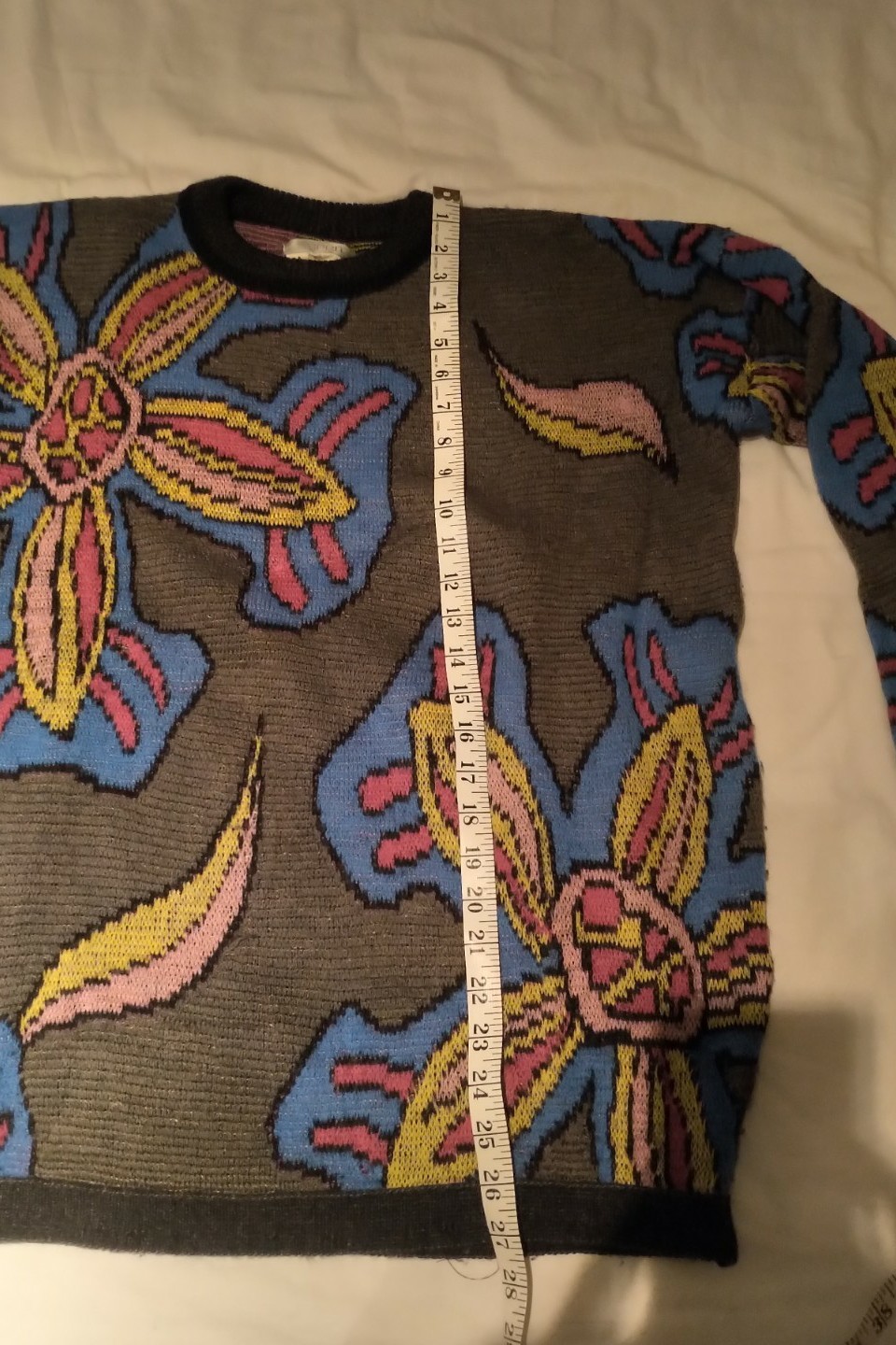 VINTAGE 1980S ESPRIT FLORAL PRINT WOOL SWEATER GREY BLACK BLUE SIZE M MEDIUM