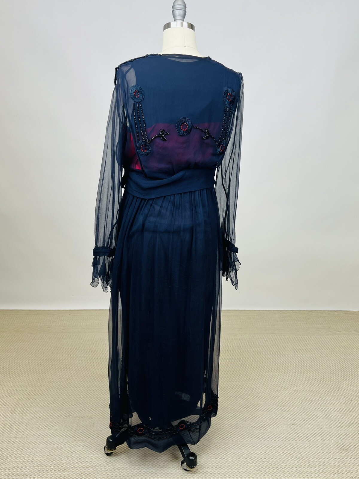Antique 1910s 1920s Navy Blue Silk Chiffon Dress Floral Embroidery Beading AS IS