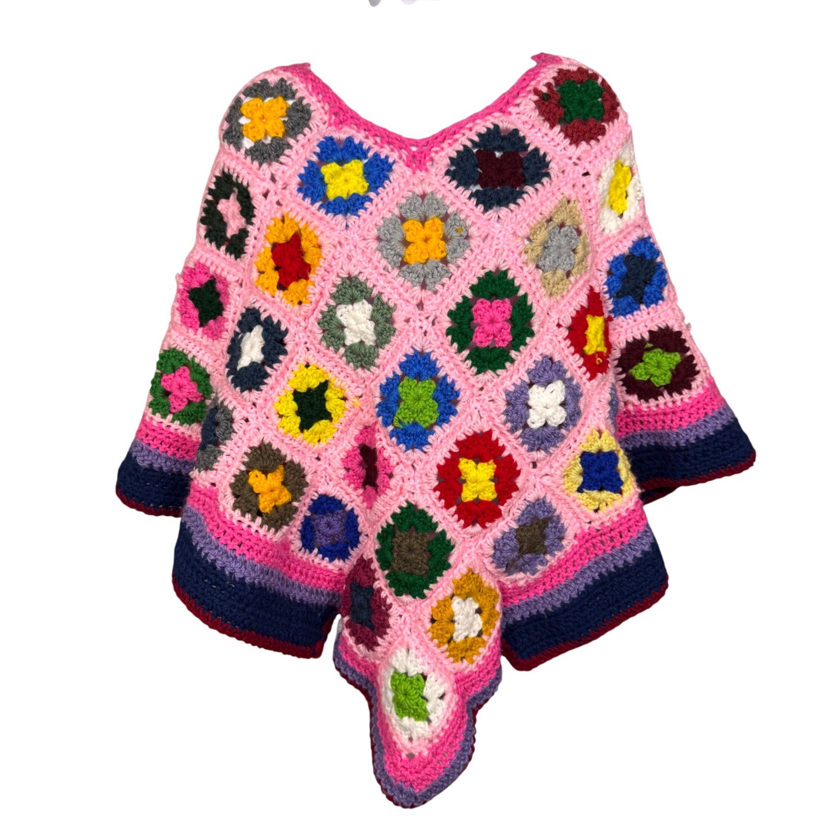 Vintage Handmade Crochet Granny Square Poncho Pink Multi Boho Patchwork Wrap