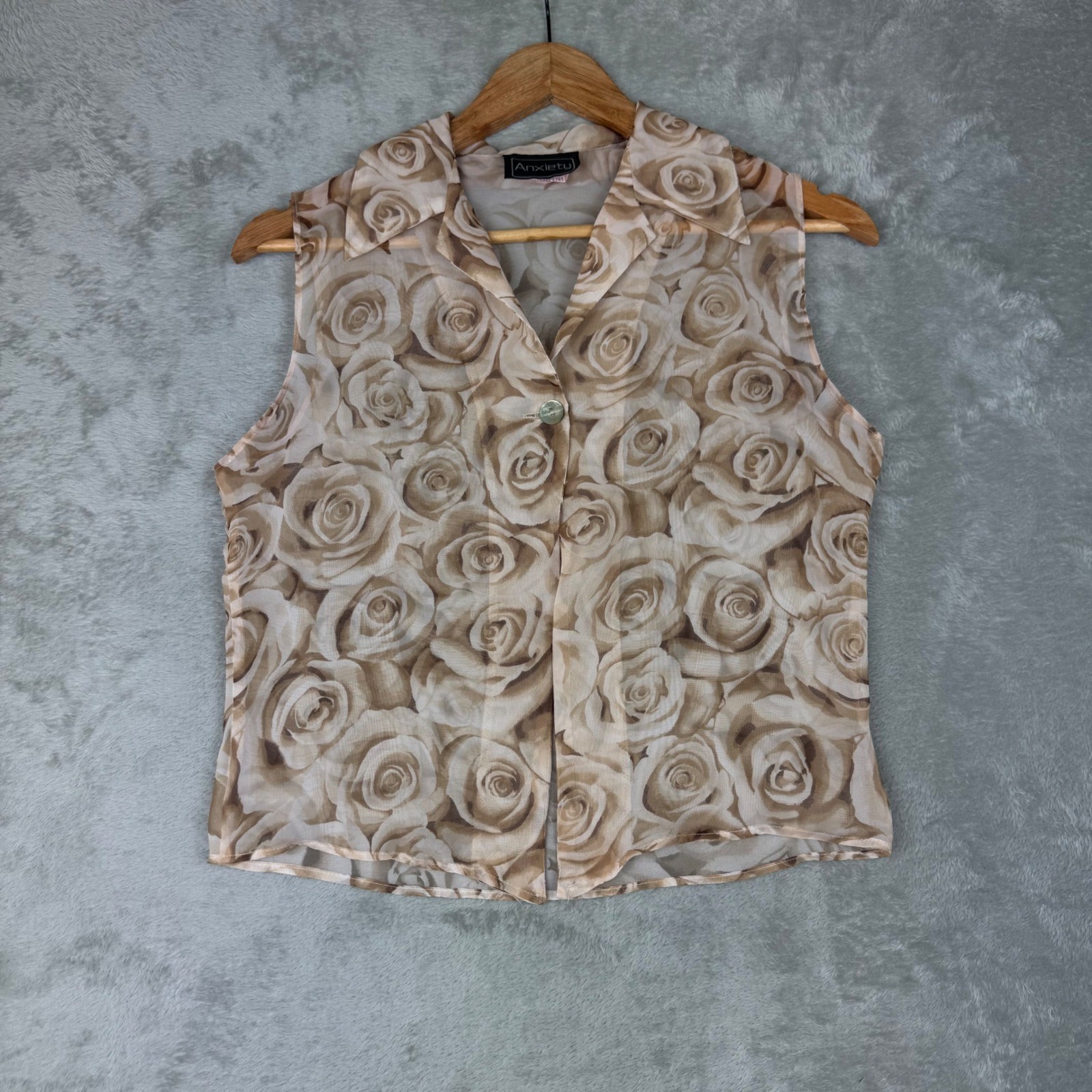 Vintage Anxiety Women’s M Sheer Rose Print Button Front Blouse Y2K Made USA