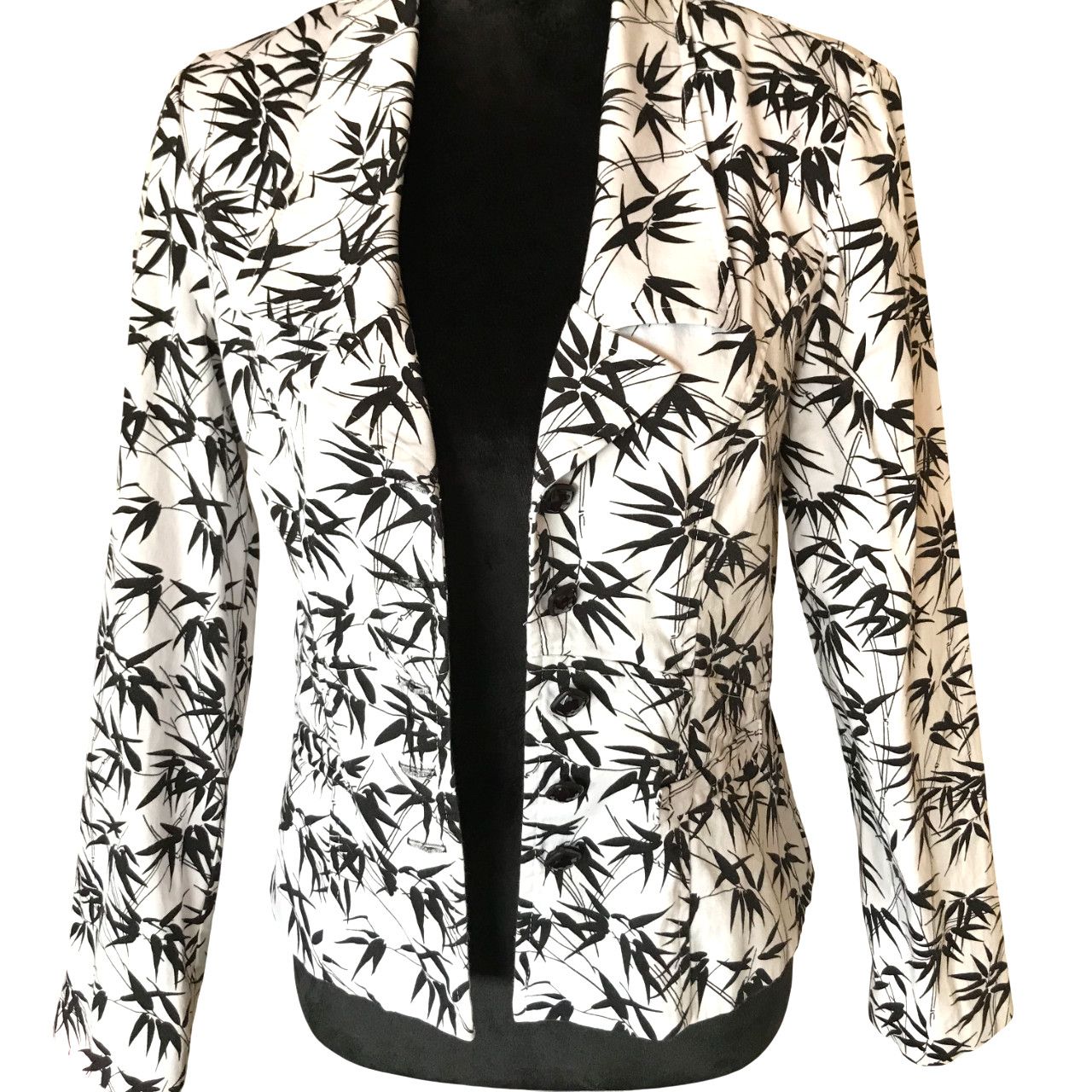 VTG 80s Joseph Ribkoff Blazer Button-Down Jacket, Black White Fern Print Size 8