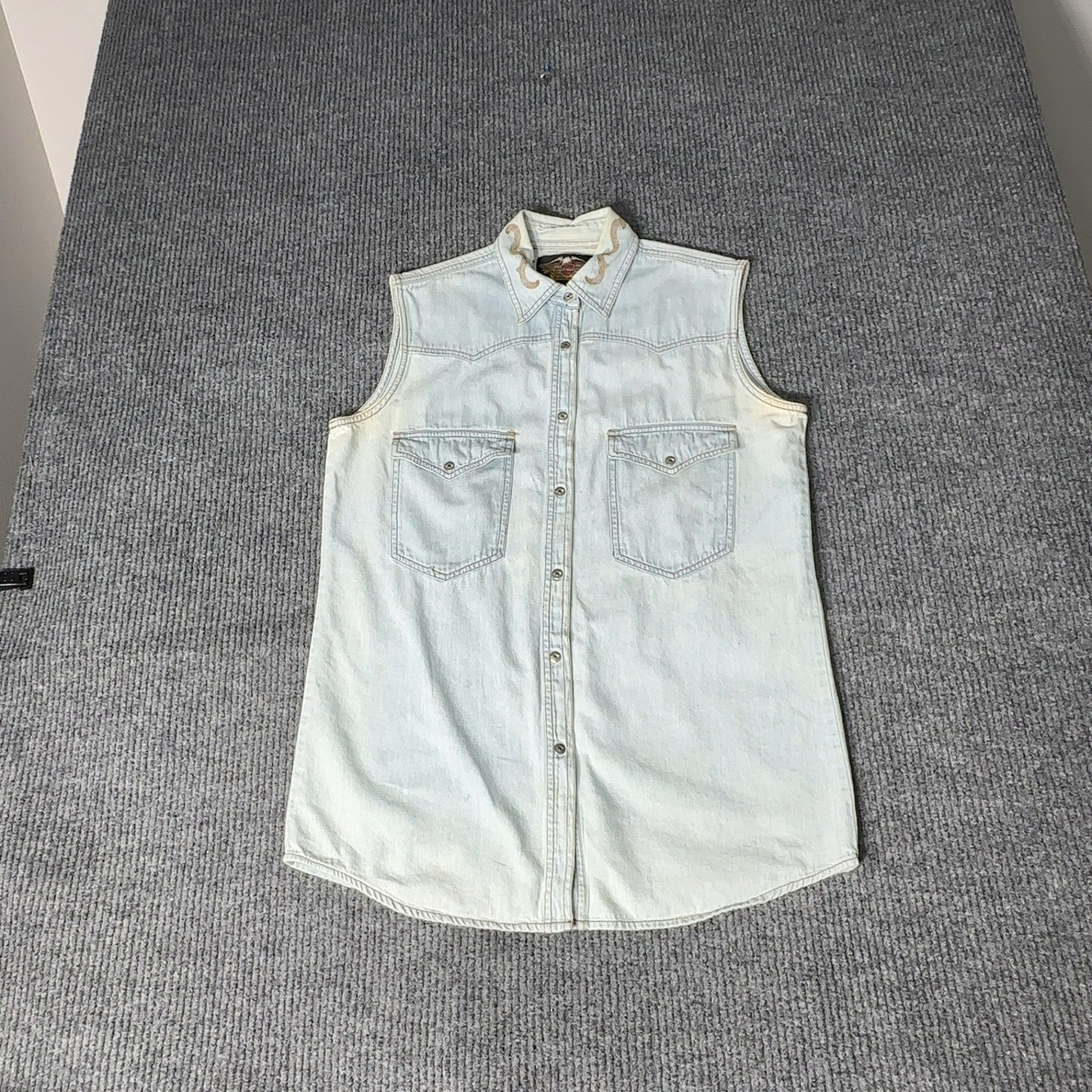 Vintage Harley Davidson Sleeveless Shirt Womens L Light Blue Denim H-D Patch