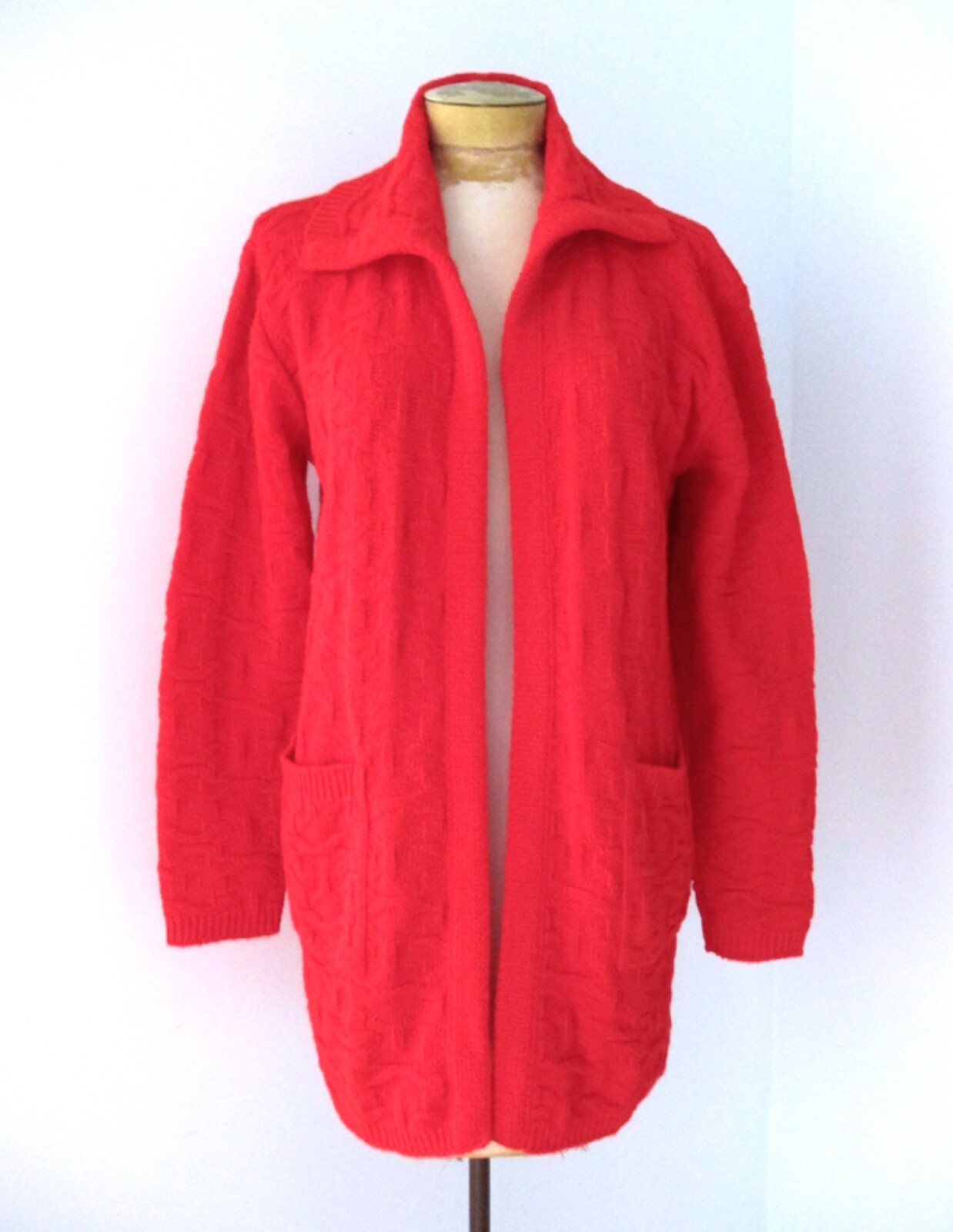 Vtg 60s 70s Red Geometric Textured Long Open Cardigan Duster Sweater Pockets S