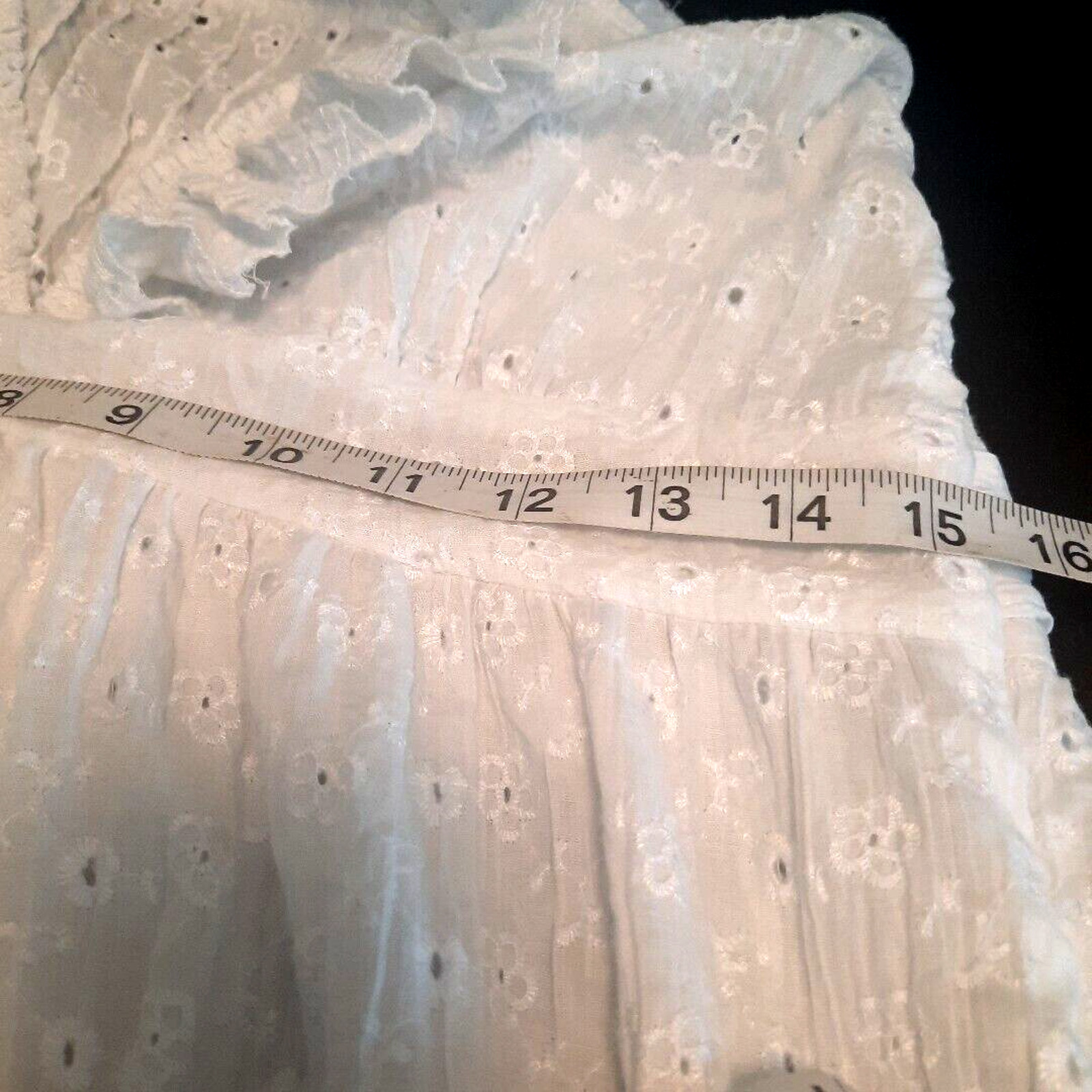 Vtg Eyelet Lace Ruffle Bow Pinafore Midi Dress Sz M White Cottagecore Coquette