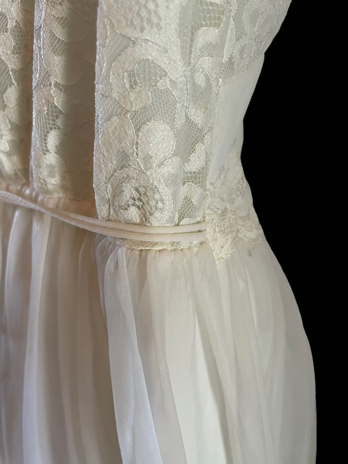 Vintage 50’s Shadowline Nylon Chiffon Lace Nightgown Bridal 32 Ivory Belt Waist