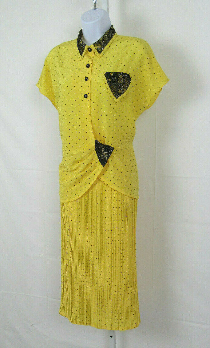 VTG 1980s GAUNILLO OF FRANCE DESIGNER SKIRT & TOP YELLOW BLACK & SILVER LACE