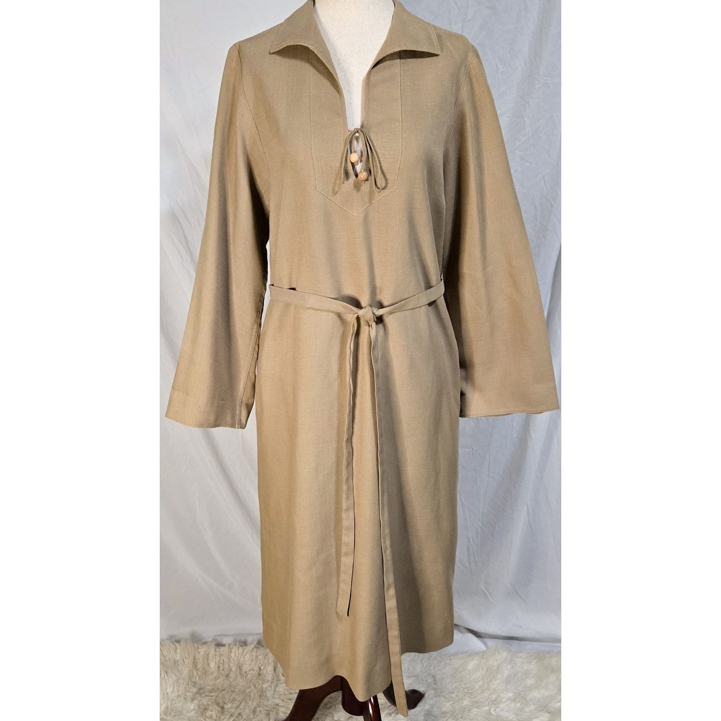 Adele Simpson Vintage Shift Dress 60s Linen Tan Classic 1960s Boho Long Sleeve