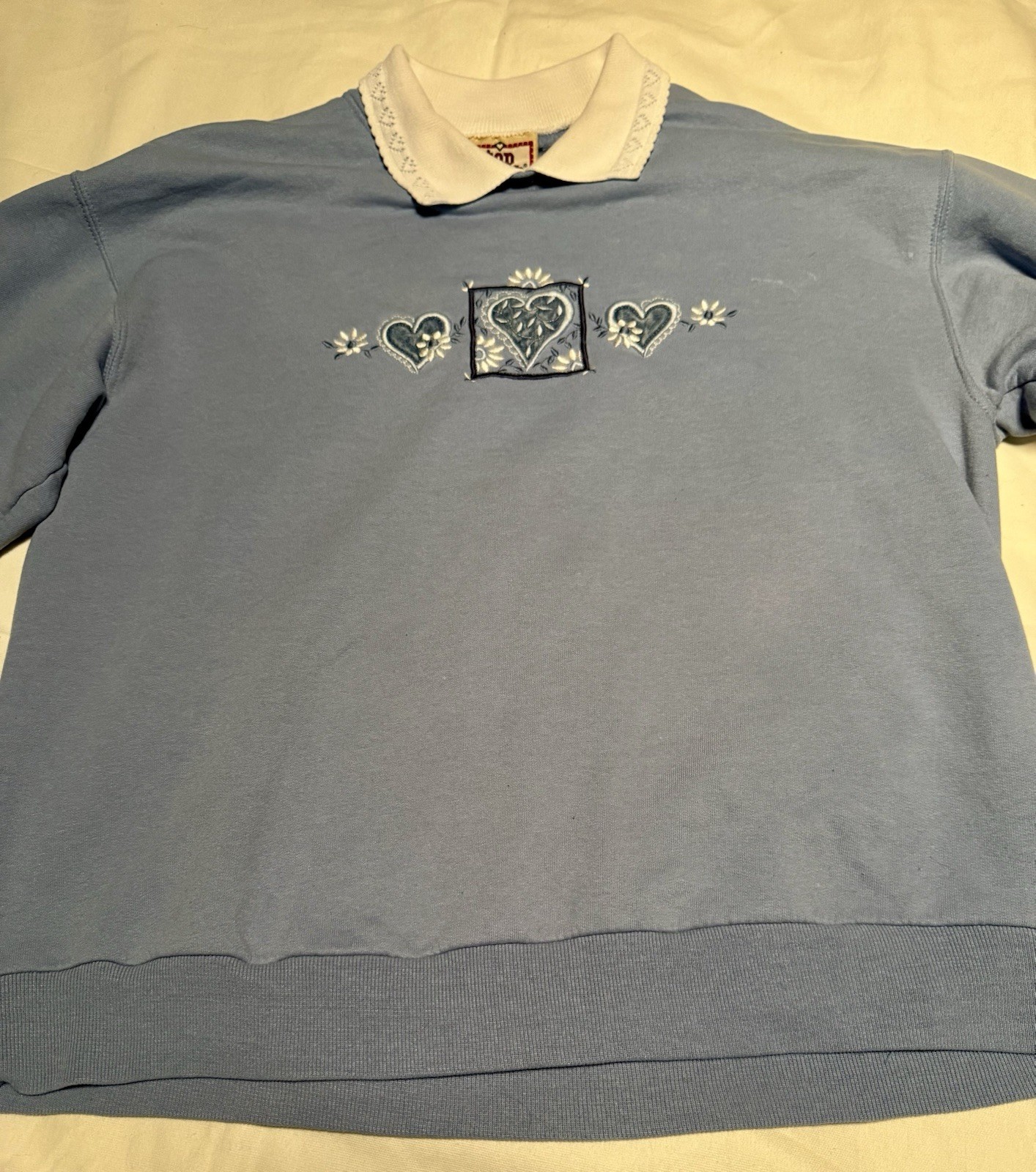 Vtg Top Stitch by Morning Sun Sweatshirt M Blue Embroidered Collar Hearts Floral