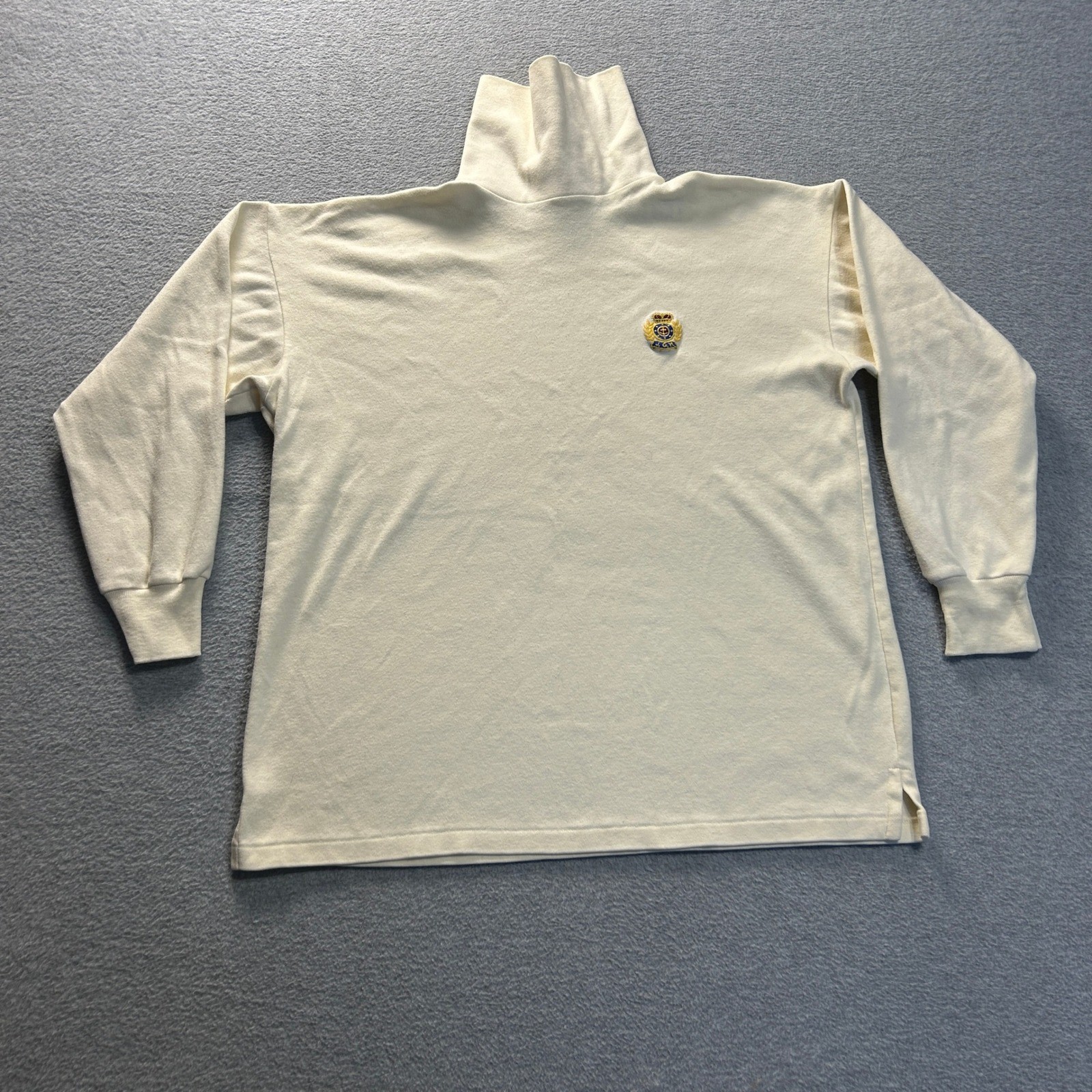 J.G. Hook Mock Neck Long Sleeve Shirt Mens Small Cream Embroidered Logo Preppy
