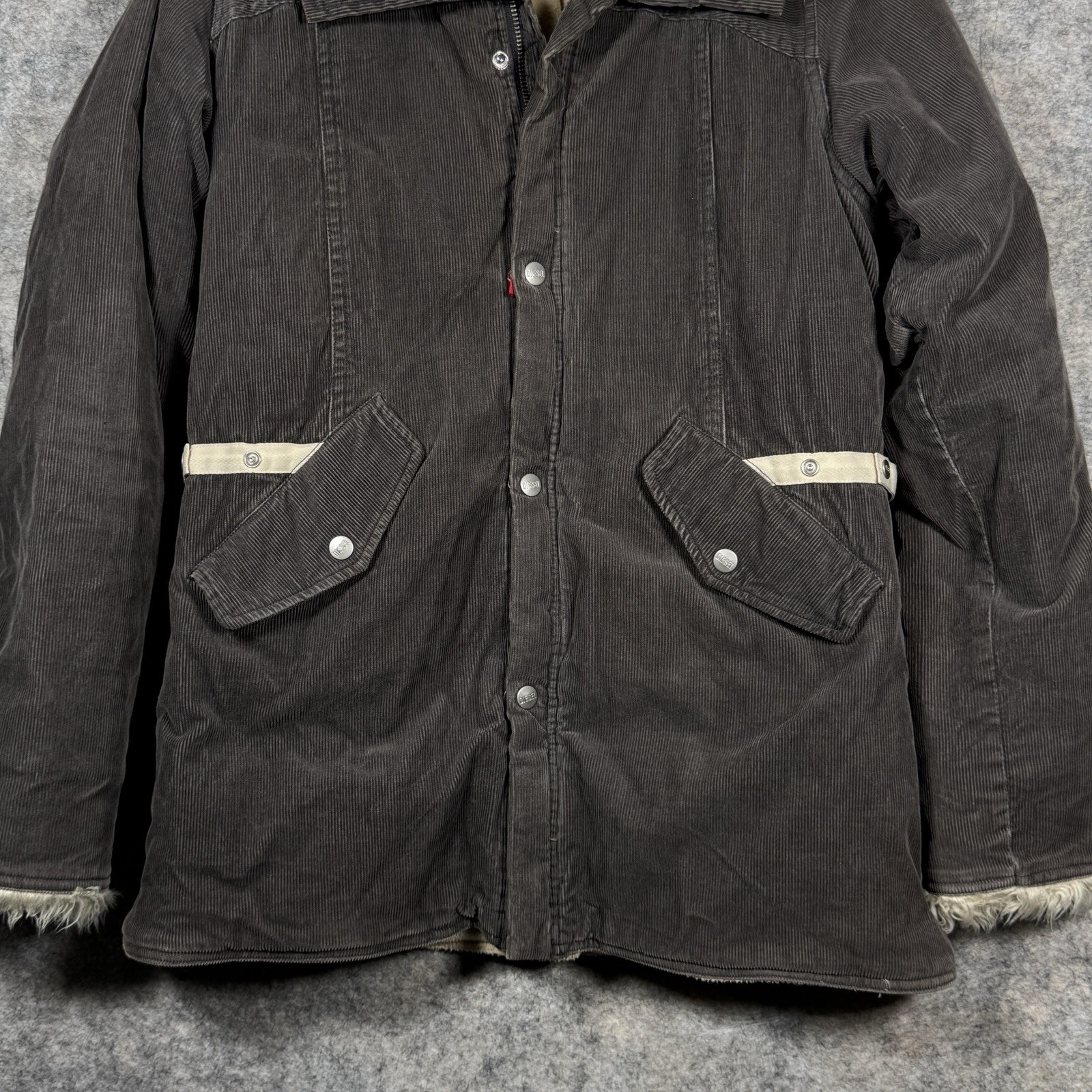 Vintage Womens Diesel Corduroy Jacket Size XXL 19×29 Faux Fur Collar Sherpa Line