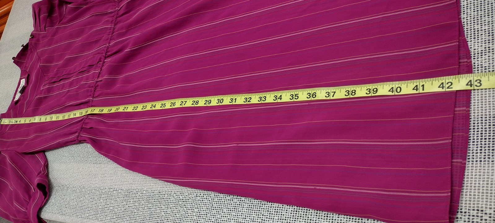 70s 80s Dress Pink Fuchsia Stripes Sheer Short Puffy Sleeve 40s 3/4 Sleeves M