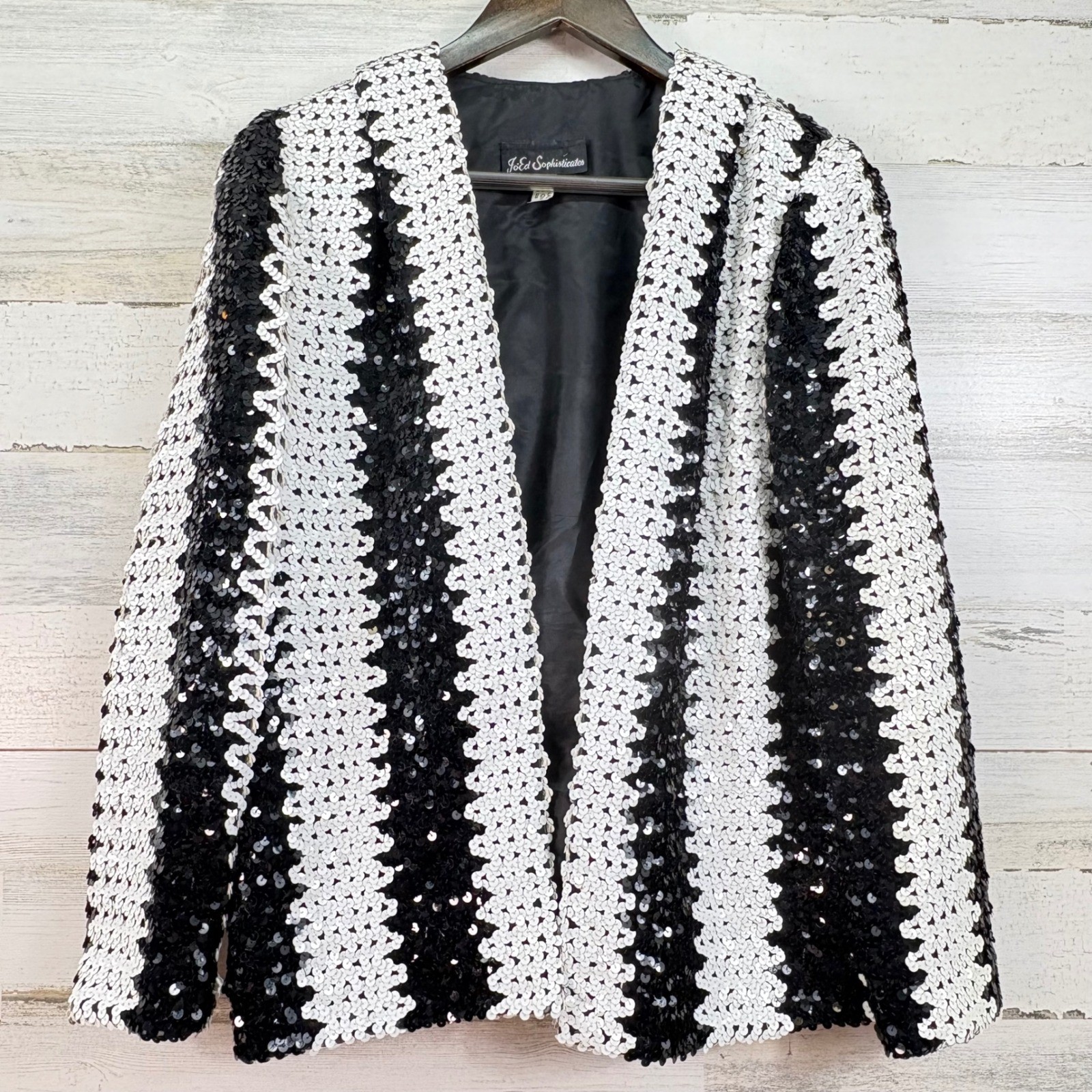 Vintage 70s Jo-Ed Sophisticates Sequin Blazer Black White Striped Formal Disco S