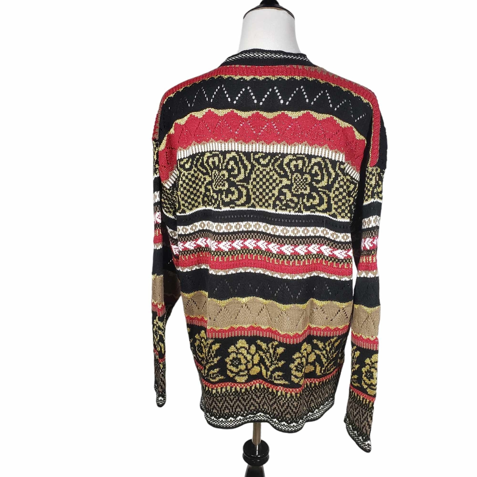 Rose Vintage *Large Black Metallic Gold Red Open Weave Knit Acrylic Blnd Sweater