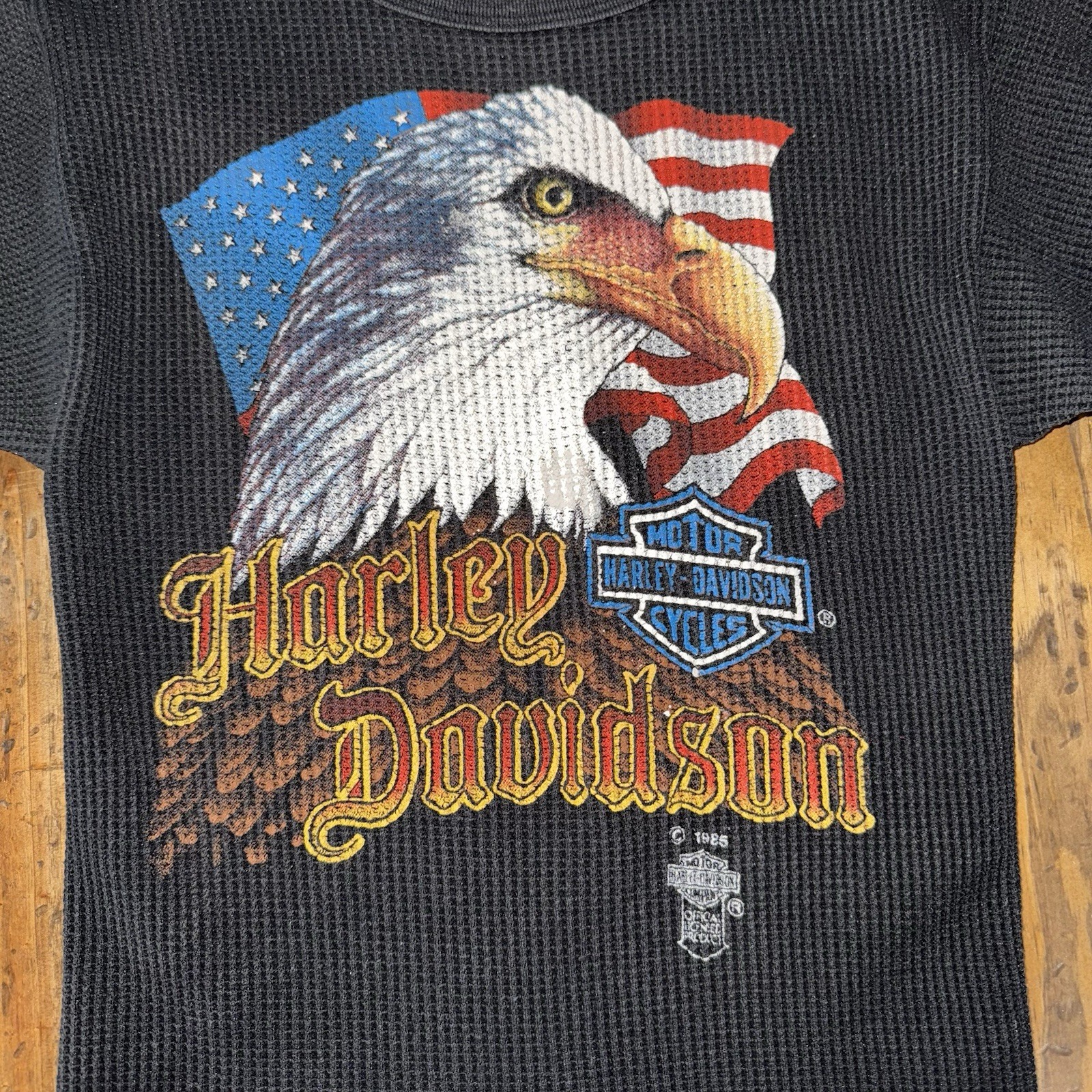 Harley-Davidson Motorcycle 3D Emblem Vintage 1985 Waffle Thermal Shirt Small