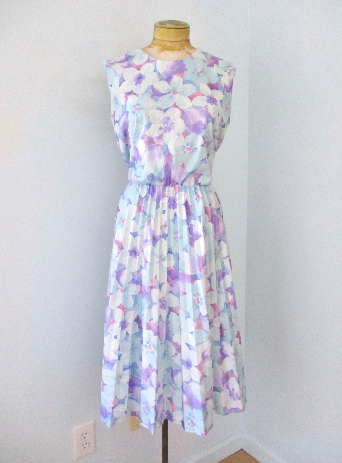 Vtg 70s Ms Lea Pink Purple Floral Poly Knit Secretary Dress Accordion Pleats 16