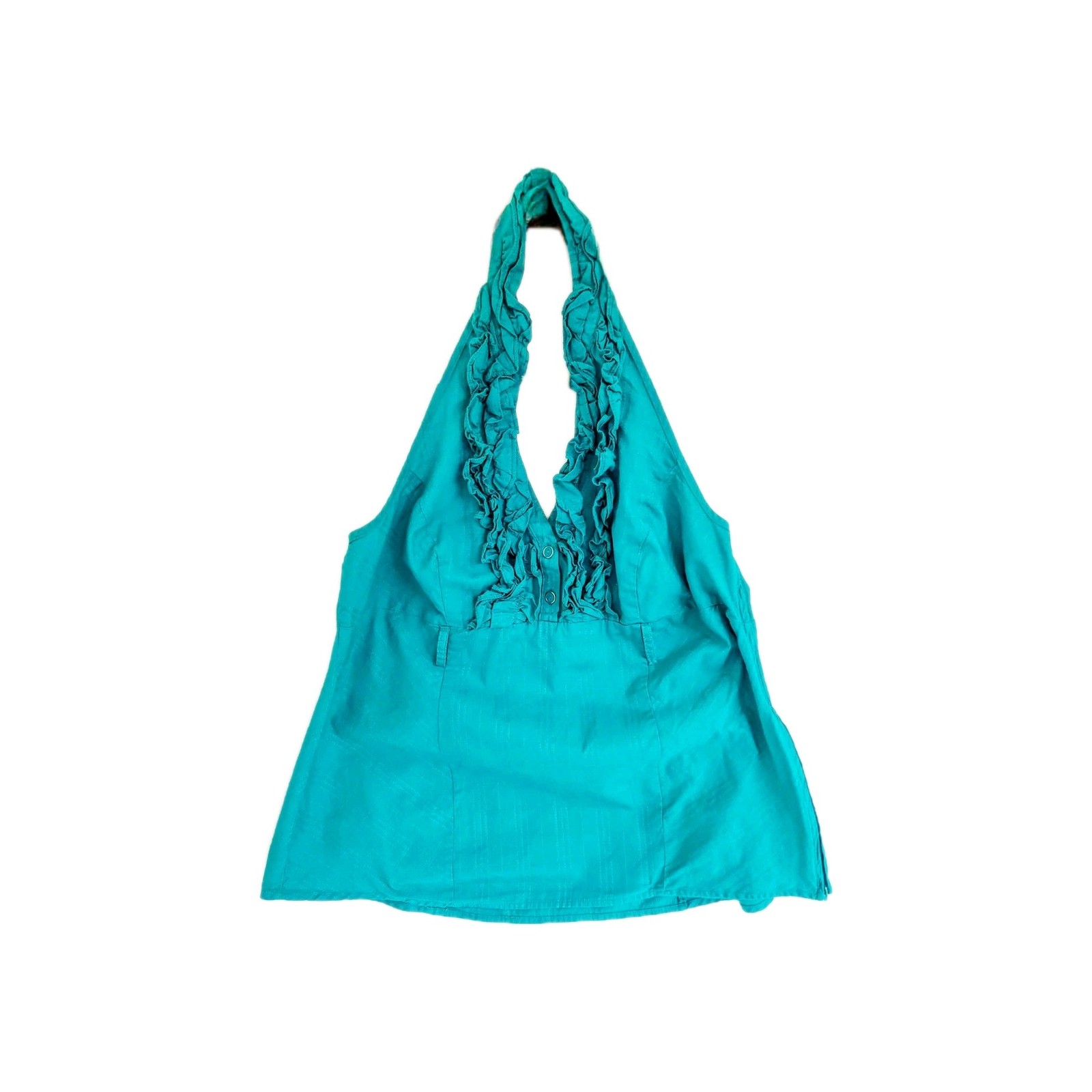 Vtg Y2K HeartSoul Halter Top 3X Teal Ruffle Button Front Pinstripe Tank