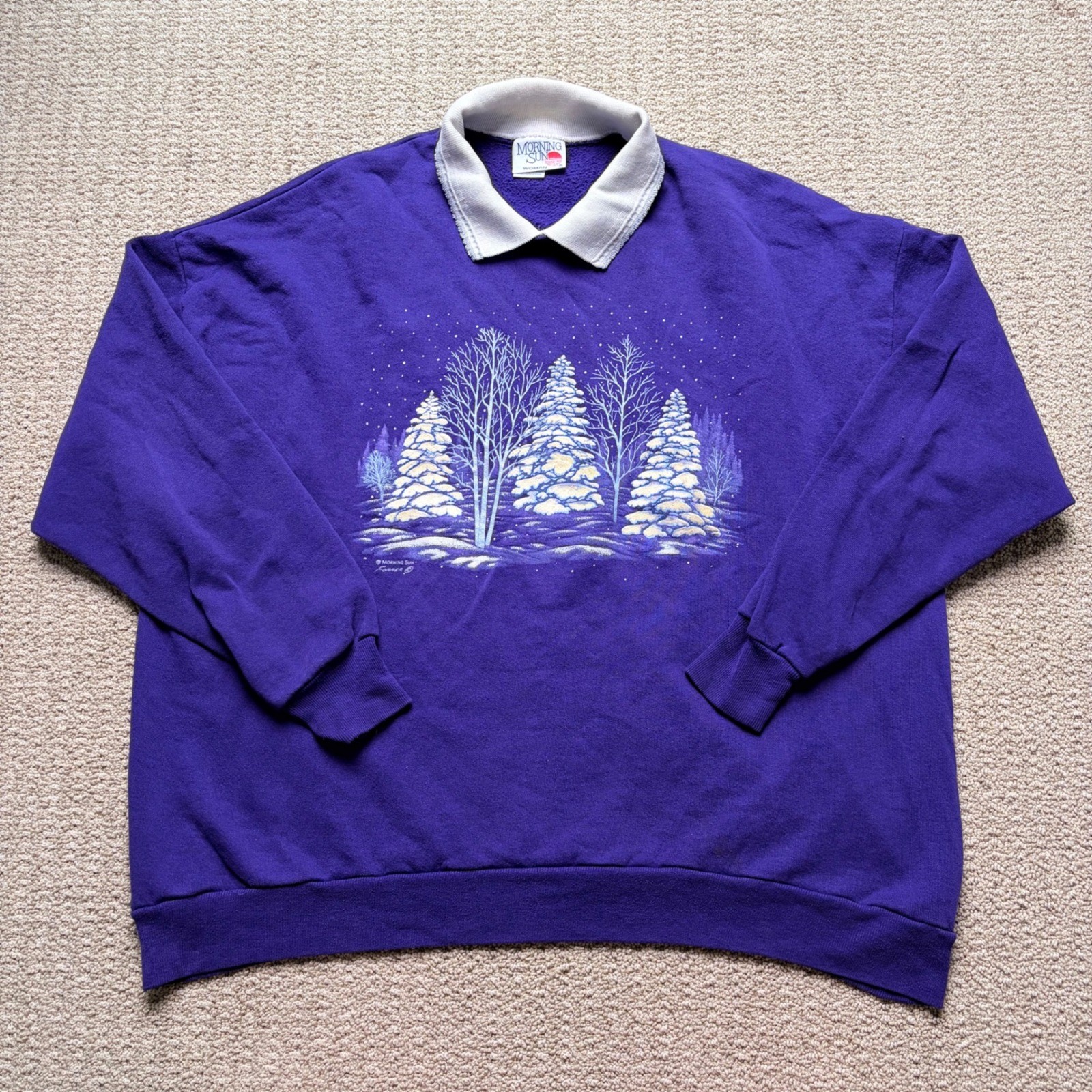Vintage Morning Sun Purple Winter Tree Graphic Collared Sweatshirt 3X USA Made