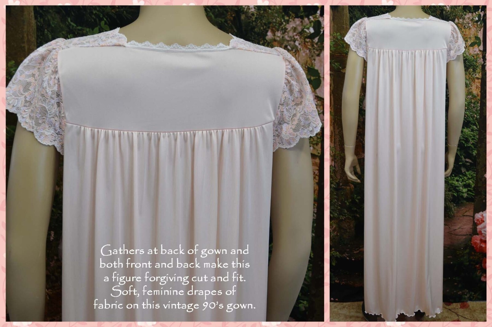 SHADOWLINE Pink Negligee Night Gown, Lace, Satin Ribbon, Feminine, NOS, Vintage