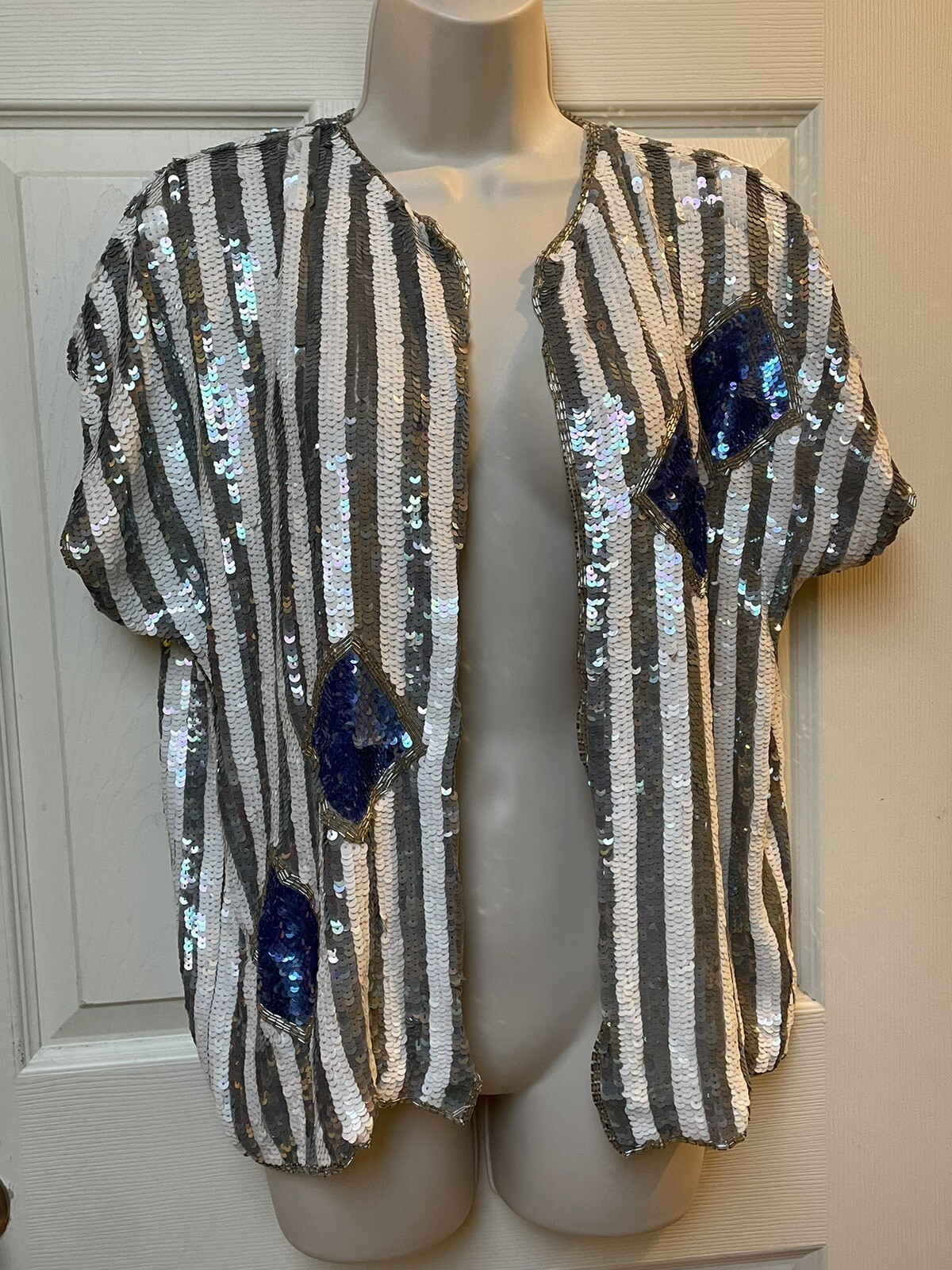 Vintage Sequin Jacket Shrug Silver White Blue Striped And Diamonds Deco Style