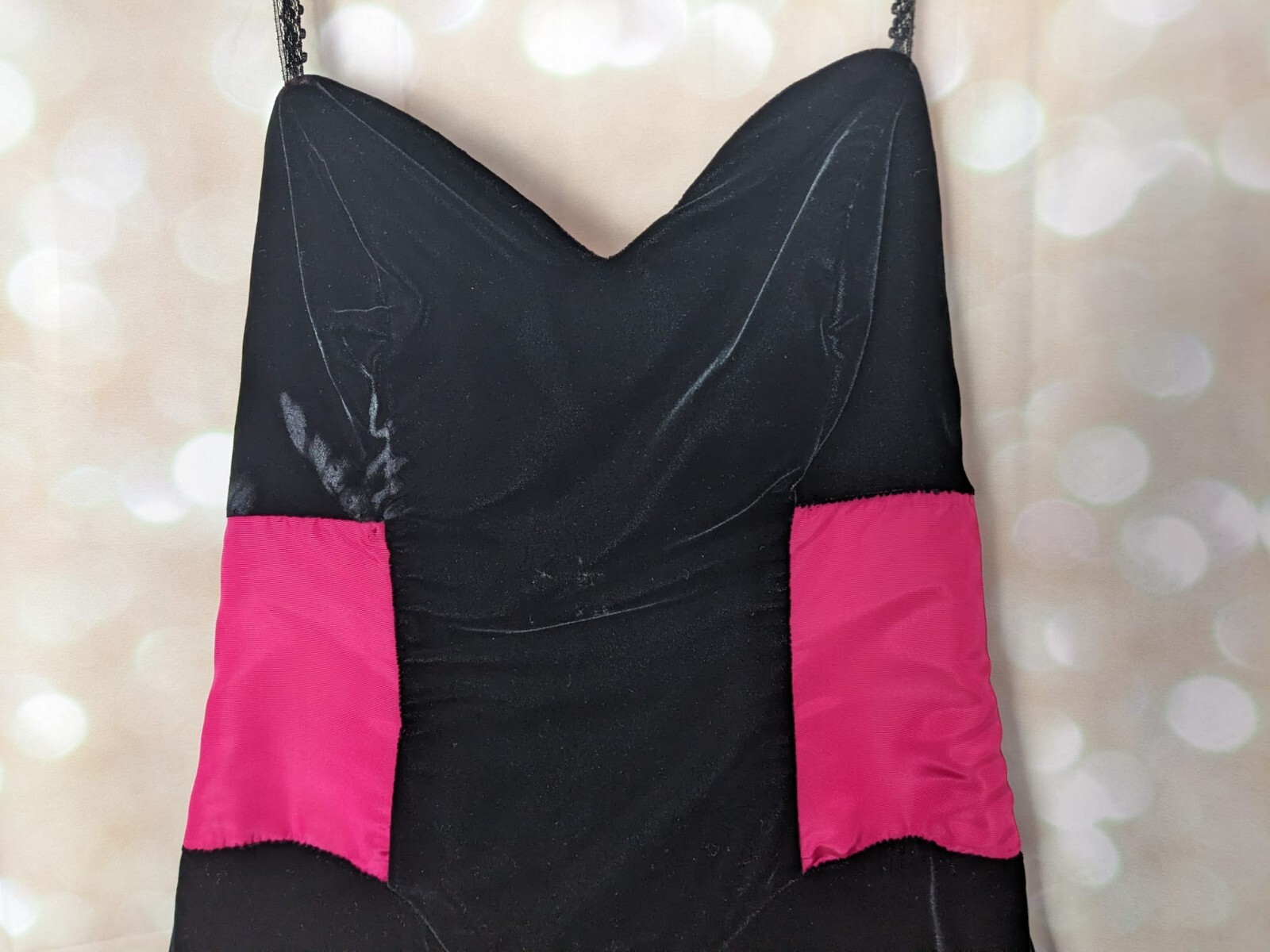 Climax David Howard Vintage Black Velvet W Hot Pink Banded Waist Bow Dress 5/6