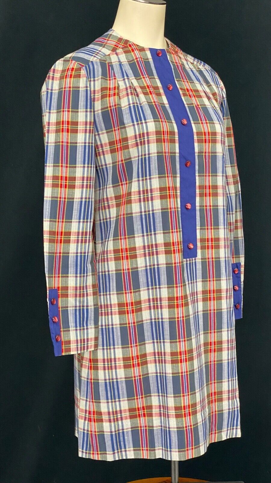 Vintage 1960s plaid mini dress, red white blue long sleeve 1970s cotton XS