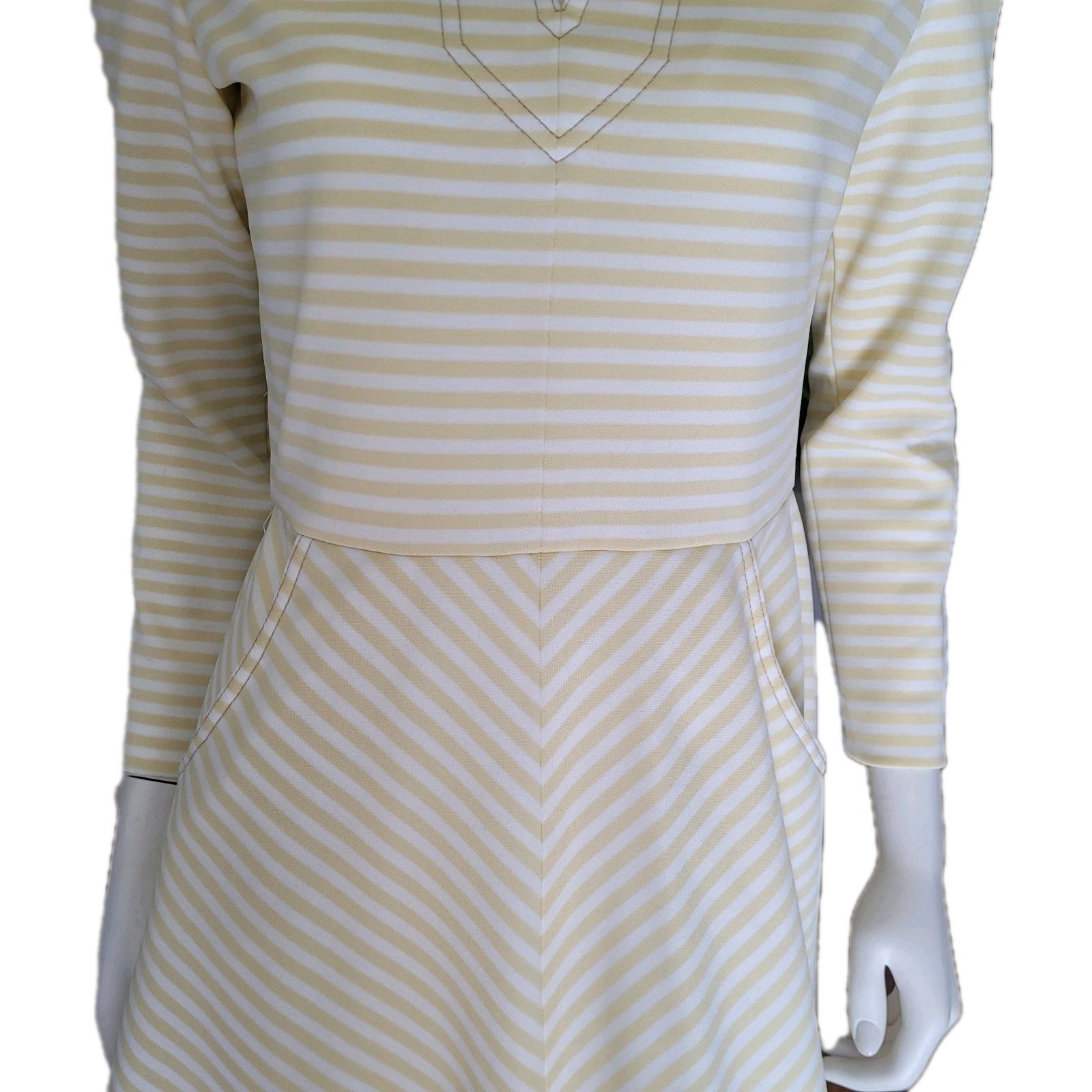 VTG Fit Flare Dress M Butter Yellow Ivory Stripe Pockets Stretch USA Retro Comfy