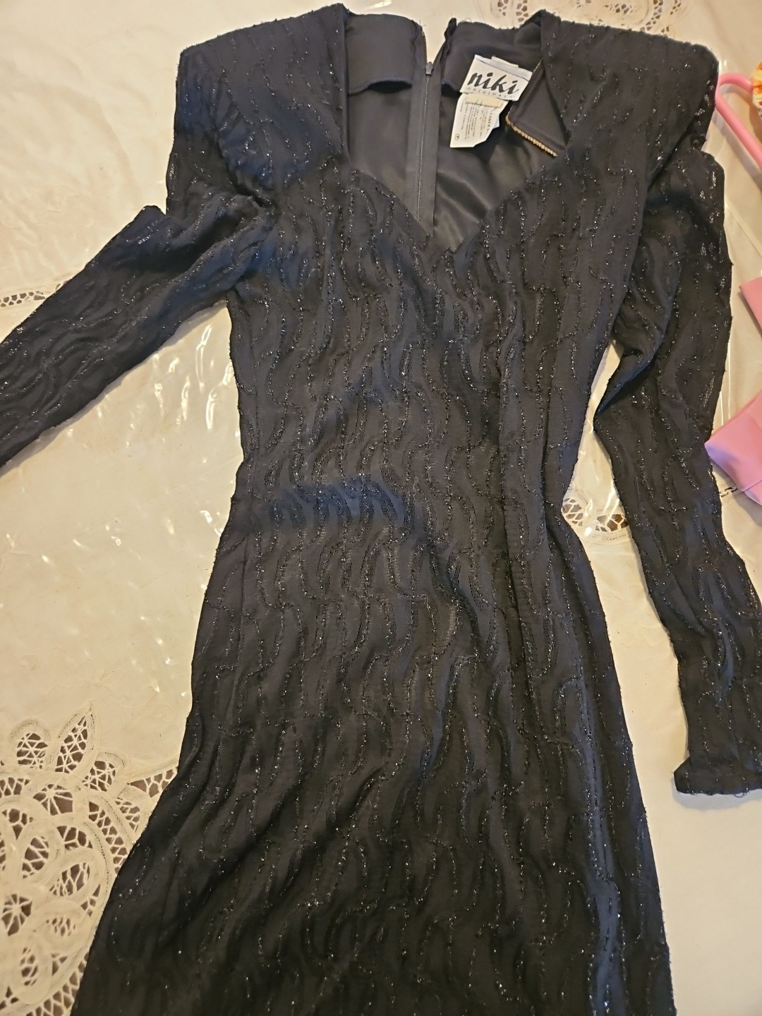 Niki Originals Black Sparkle Vintage Dress. Size 4 Long Sleeve Shoulder Pads
