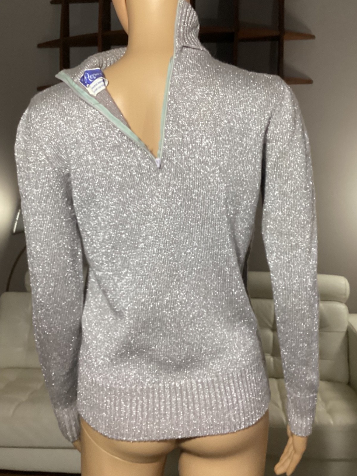 Vintage 70s LeRoy Knitwear Metallic Silver Acrylic Turtleneck Sweater Disco Mod