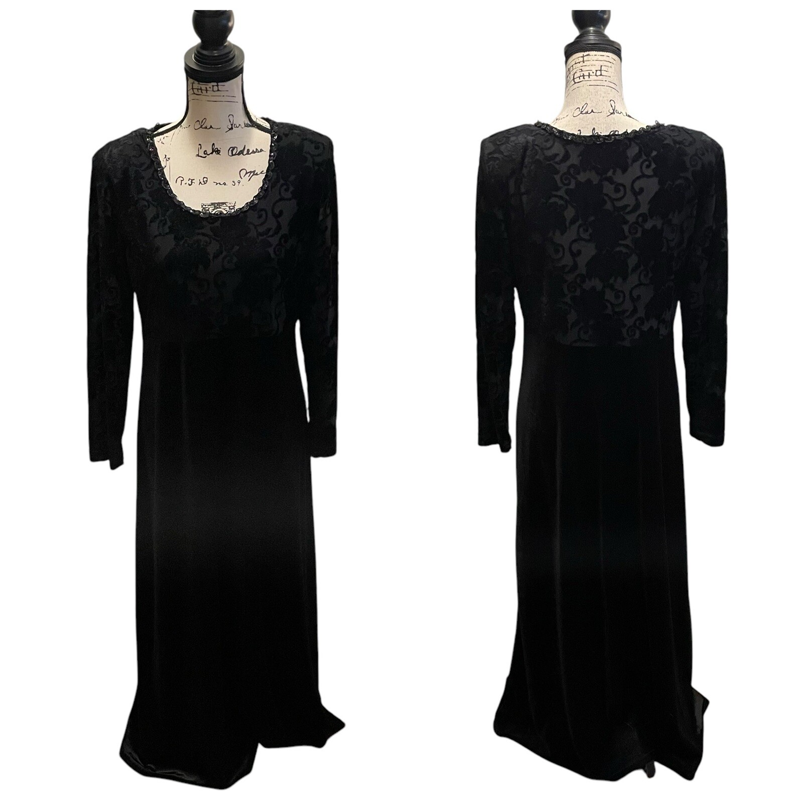Vintage Molly Malloy Velvet Dress Gown Black Size 12 Burnout Floral beaded USA