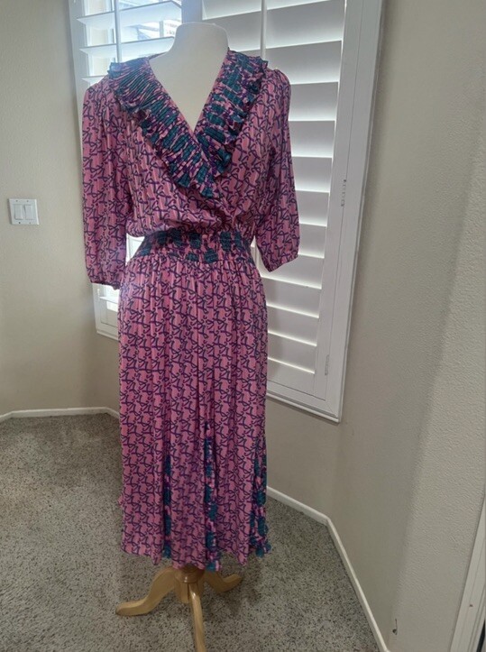 VNTG 80s Susan Freis satin multicolor floral faux wrap elastic ruffle dress M