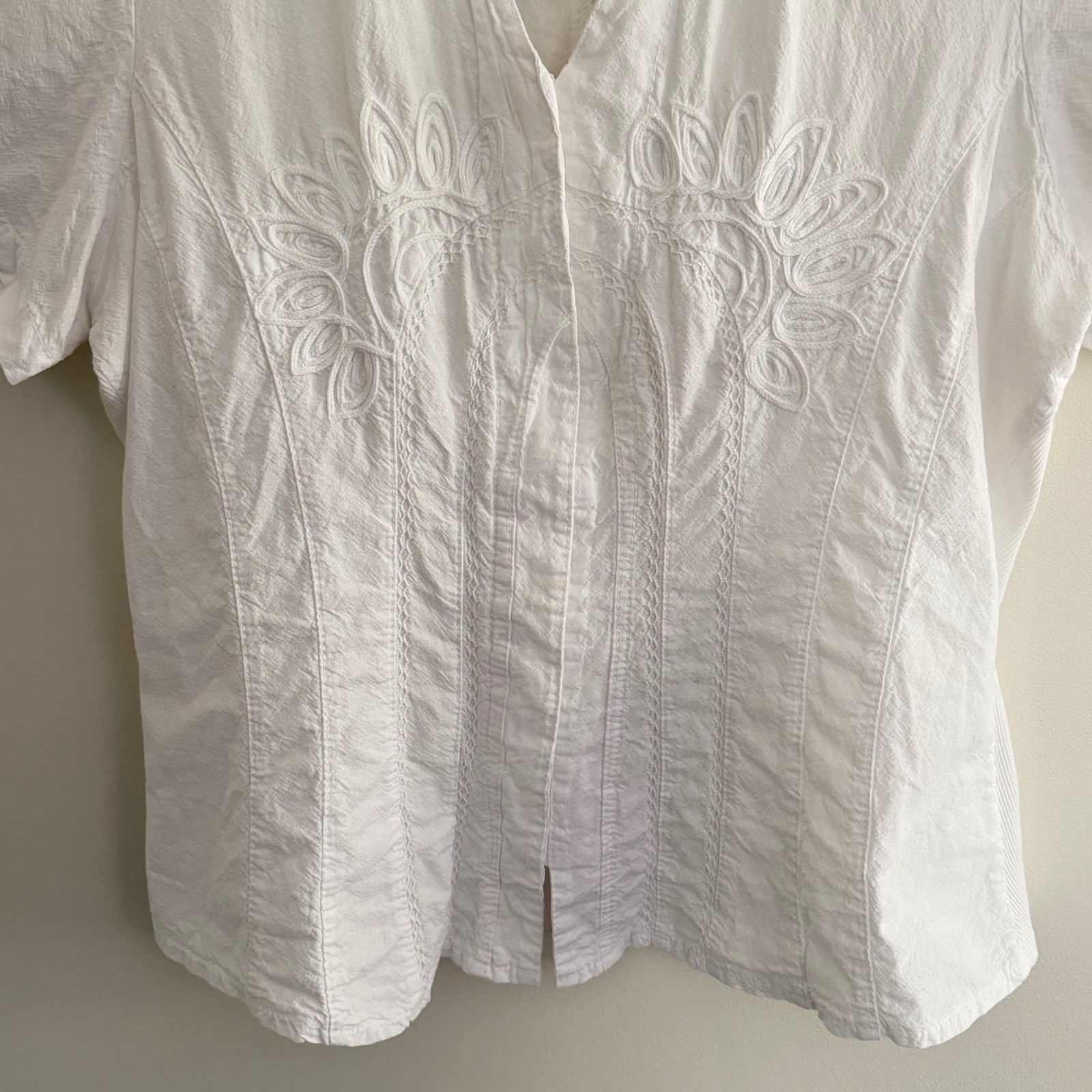 White Cotton Embroidered Boho Button Up Collared Shirt Prairie Western Size XL