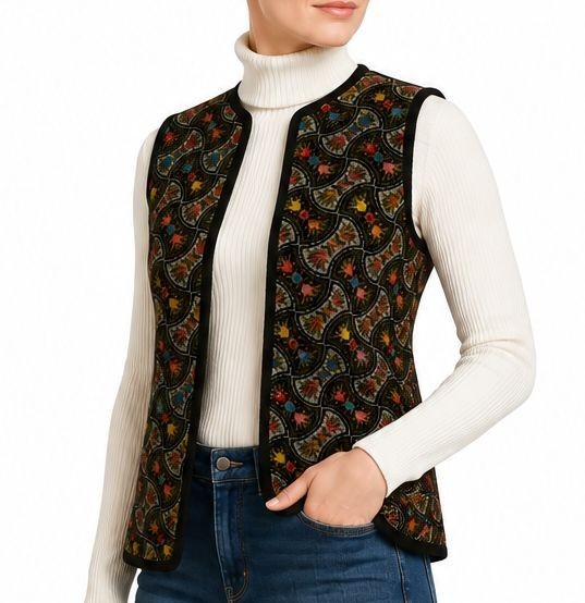 Vintage 70’s Women’s Chenille Tapestry Vest by Happy Legs, Floral, Size M Medium