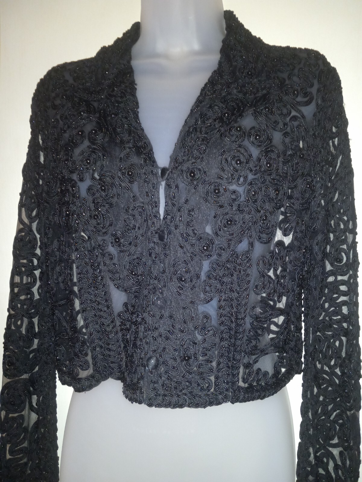 Vintage 90s JOVANI Heavily Beaded Swirl Embroidered Black Sheer Blouse Top 10 M