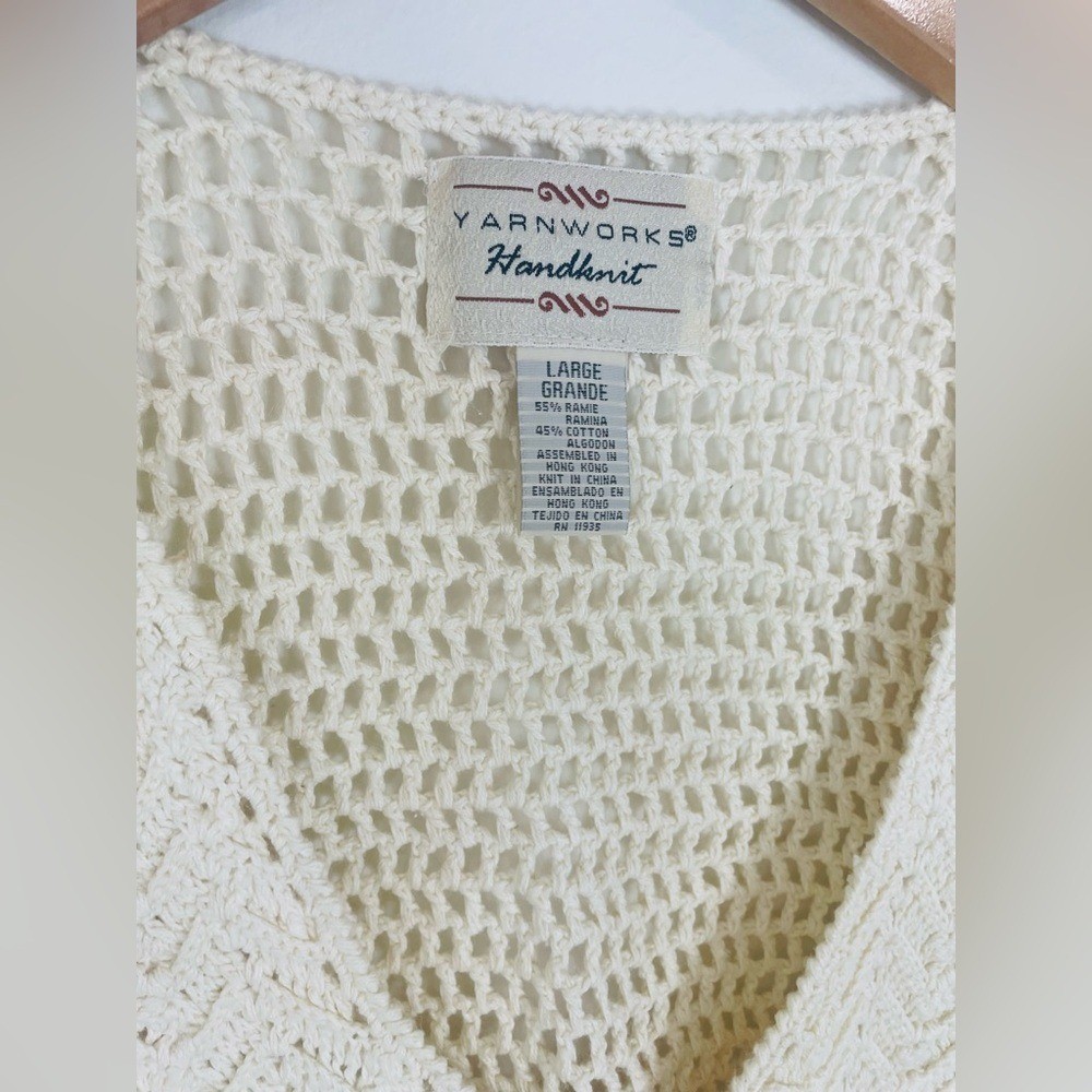 YARNWORKS Open Knit Sweater Vest Women’s Sz L Hand knit Ivory Hippie Boho