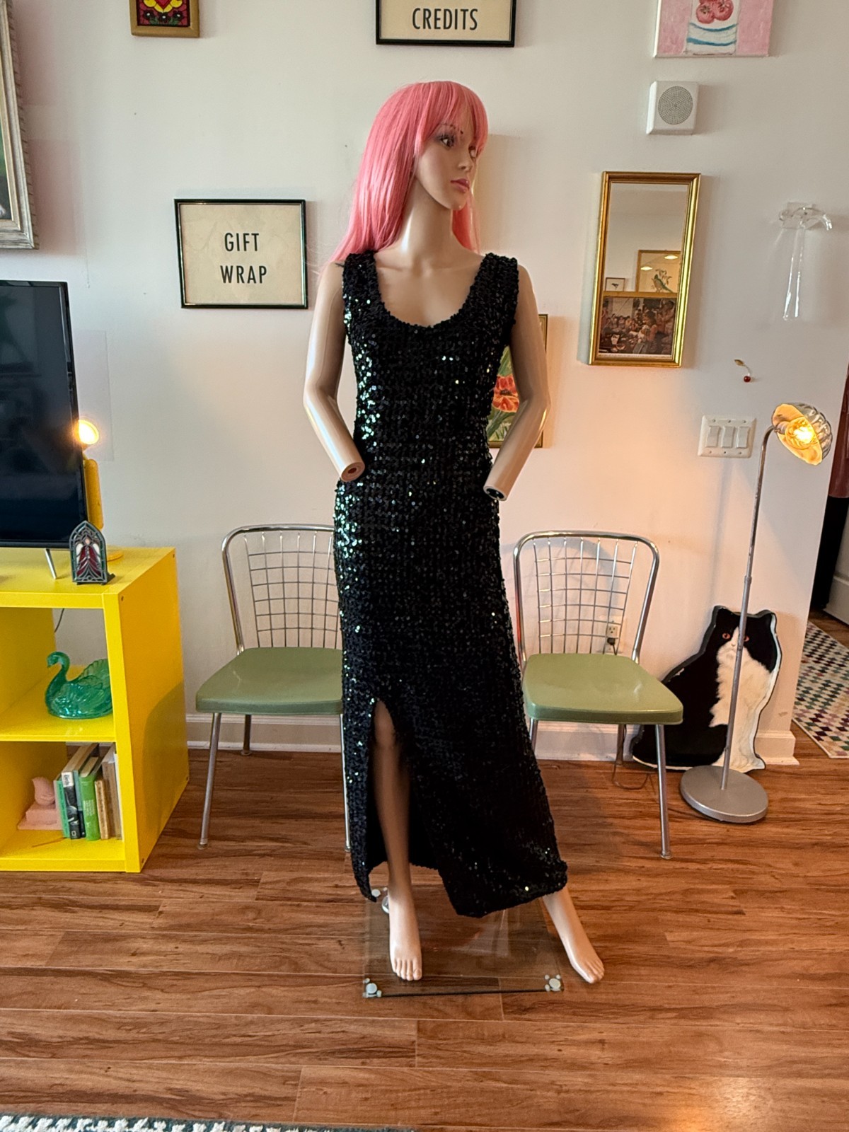 🖤 Vtg 60s Black Knit Bodycon Stretch Hourglass Showgirl Sequin Slit Dress L XL