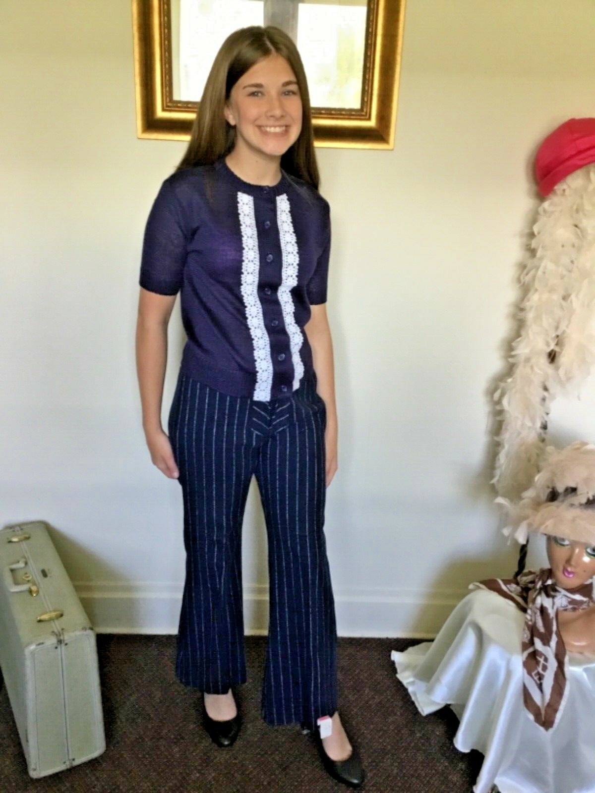 70’s Vintage Navy Blue Hippie White Striped Wide Leg Bell Bottom Pants „NWT”