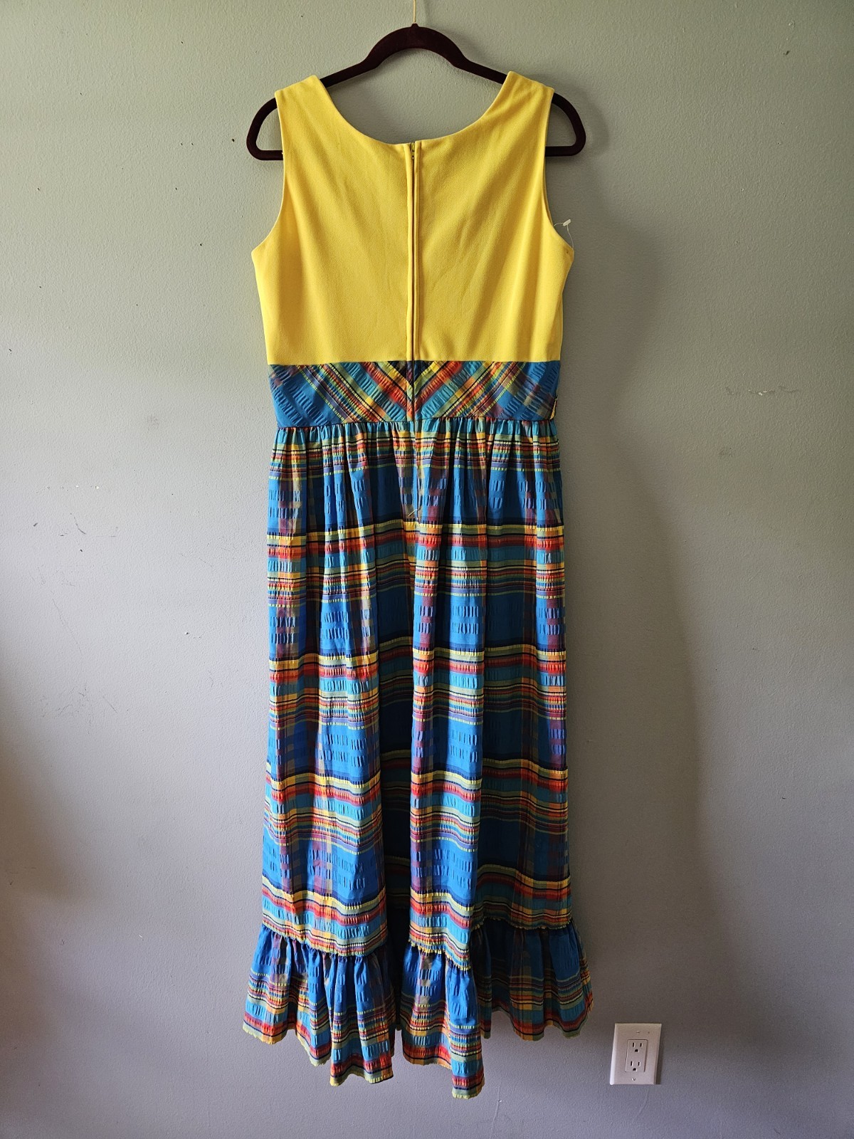 Vintage SWIRL Concept 70s Yellow Blue Plaid Ruffle Summer Maxi Plus Size Dress