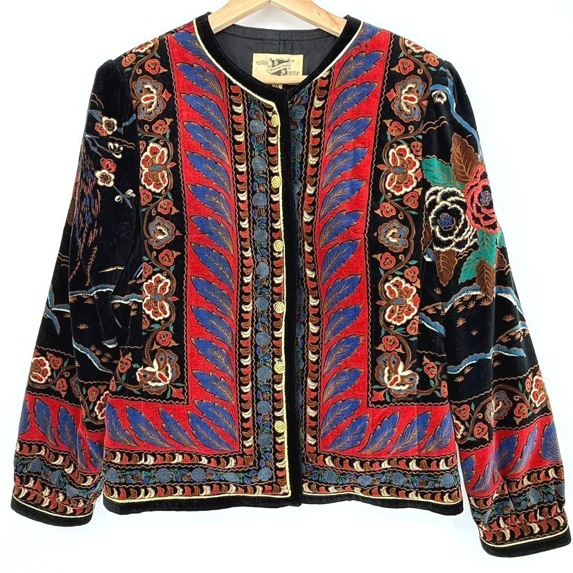 Vintage Velvet Quilted Jacket Tapestry Black Red Blue Maximalist Regency Folk M